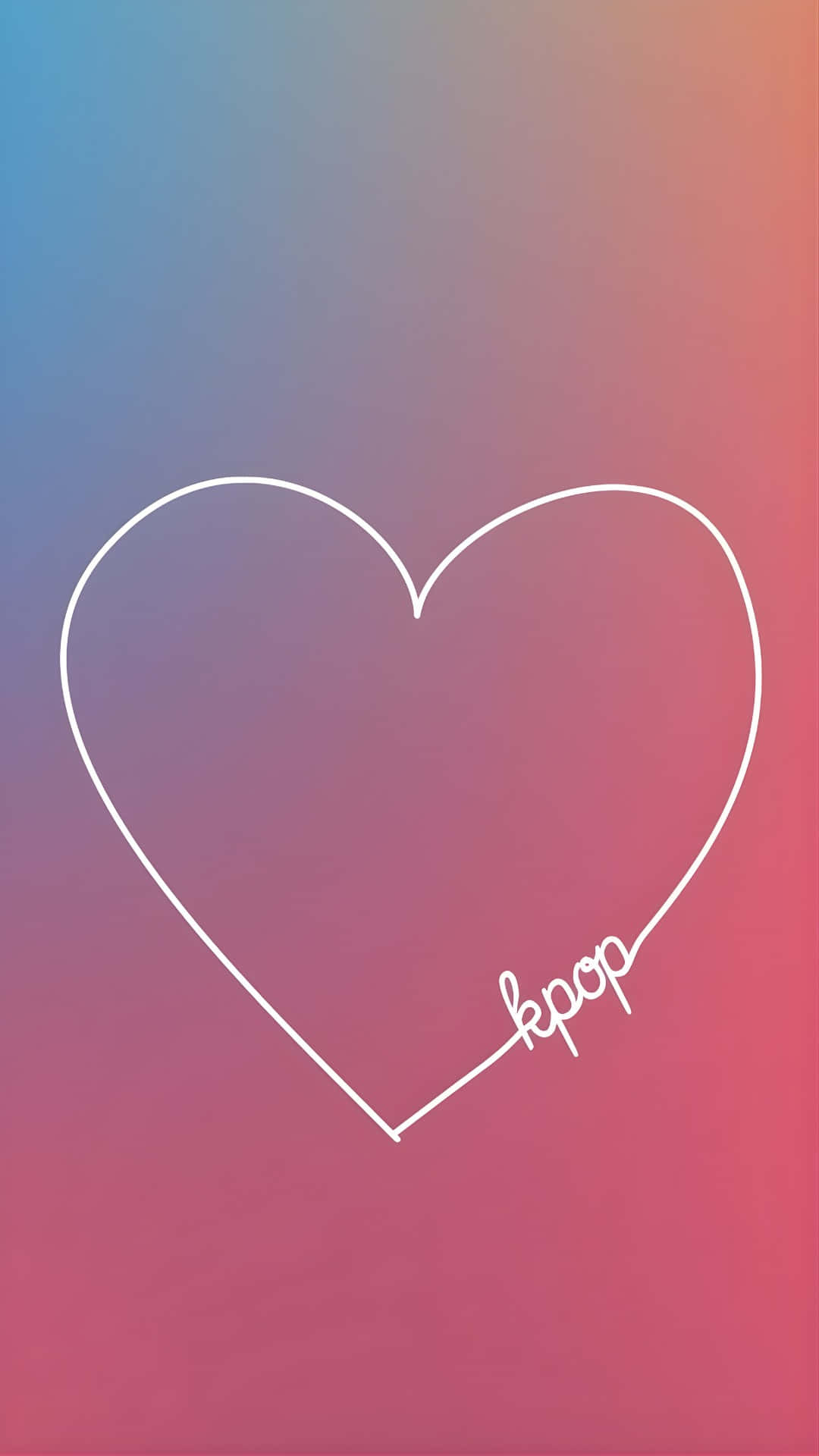  壁紙 — 一個簡約的白色心形輪廓，內有 'kpop' 字樣，背景為藍色到粉紅色的柔和漸變。