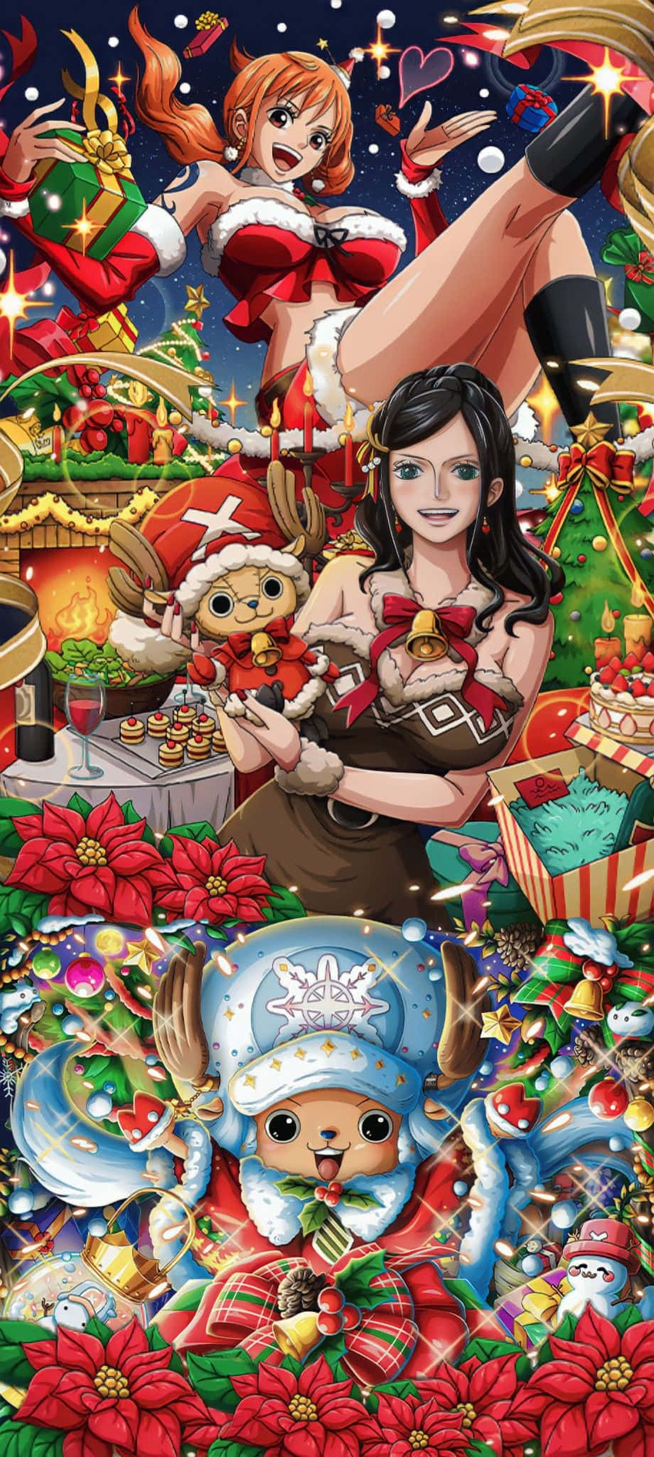 One Piece Christmas 桌布 壁紙 — 一個節日動漫聖誕場景，角色穿著節日服裝，周圍環繞著禮物、聖誕紅和閃閃發光的裝飾。