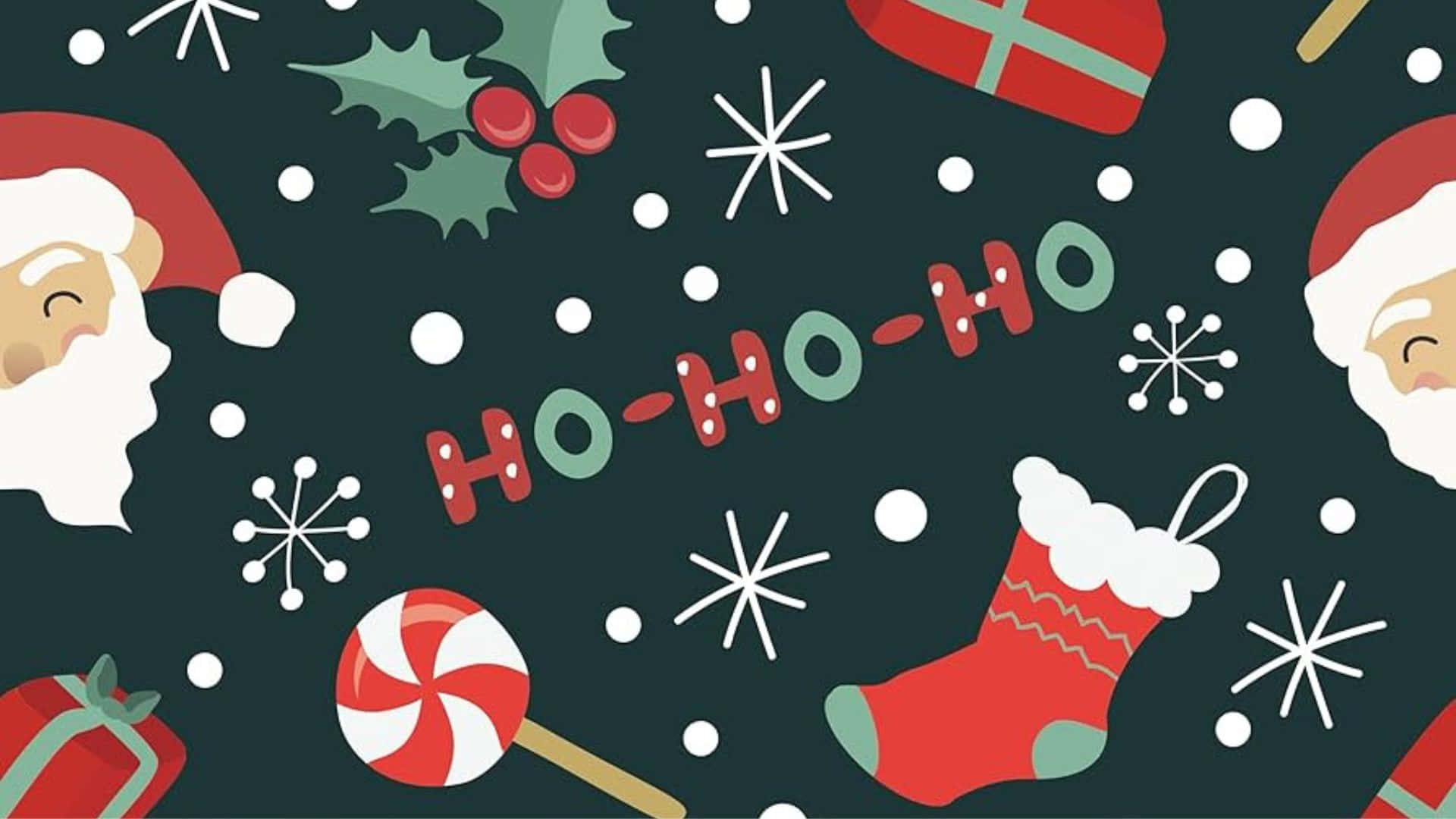  壁紙 — 一個節日平面設計牆紙，以深綠色背景襯托聖誕老人面孔、拐杖糖、聖誕襪和雪花。