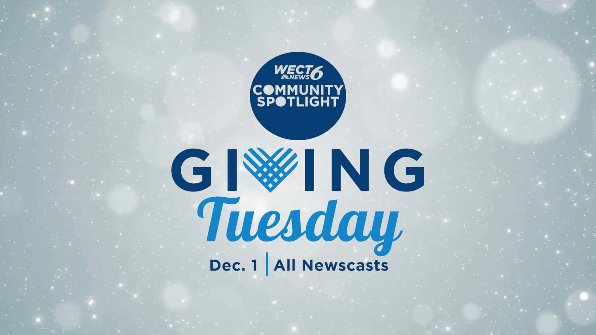  壁紙 — 一個節日氣氛的 Giving Tuesday 圖像，帶有藍色文字和心形圖標，背景是雪景散景效果。