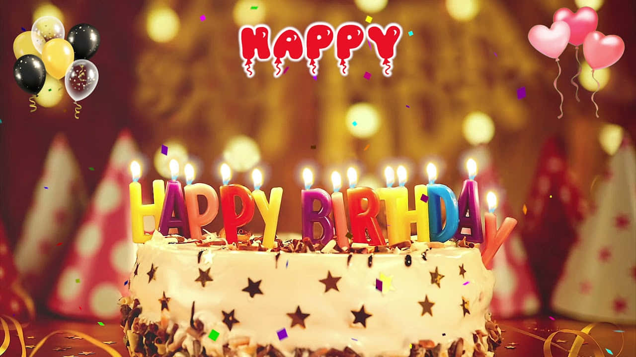  壁紙 — 一個節日生日蛋糕，上面有彩色字母蠟燭拼出 happy birthday，周圍環繞著氣球和五彩紙屑。