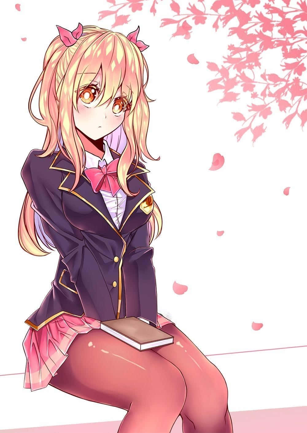lucy heartfilia 桌布 壁紙 — 一個金髮動漫女孩穿著深色校服，配粉紅色蝴蝶結和裙子，坐在飄落的櫻花下拿著一本書。