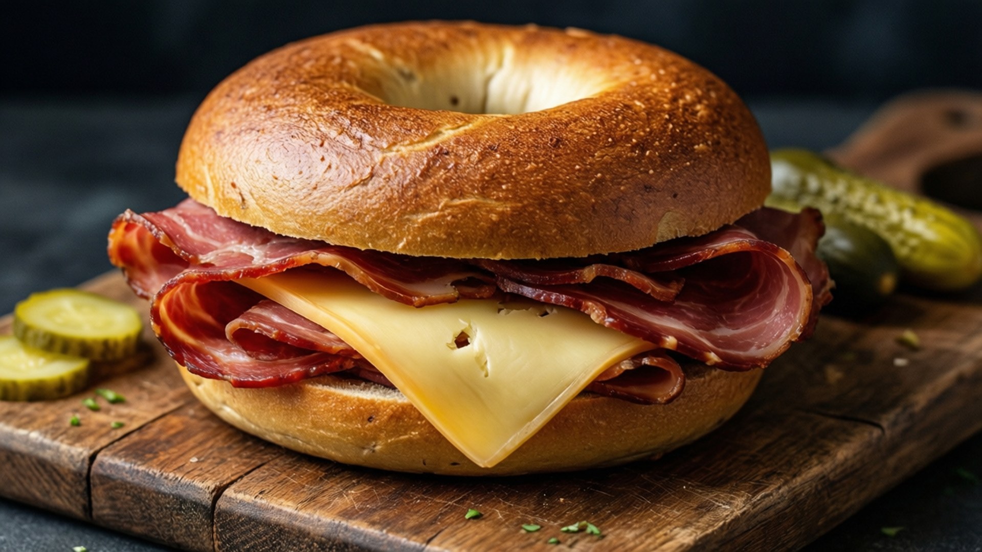 bagel 桌布 壁紙 — 一個金黃色的貝果三明治，夾著脆脆的煙肉、融化的芝士和新鮮蒔蘿，放在一個質樸的木板上，旁邊有酸瓜。