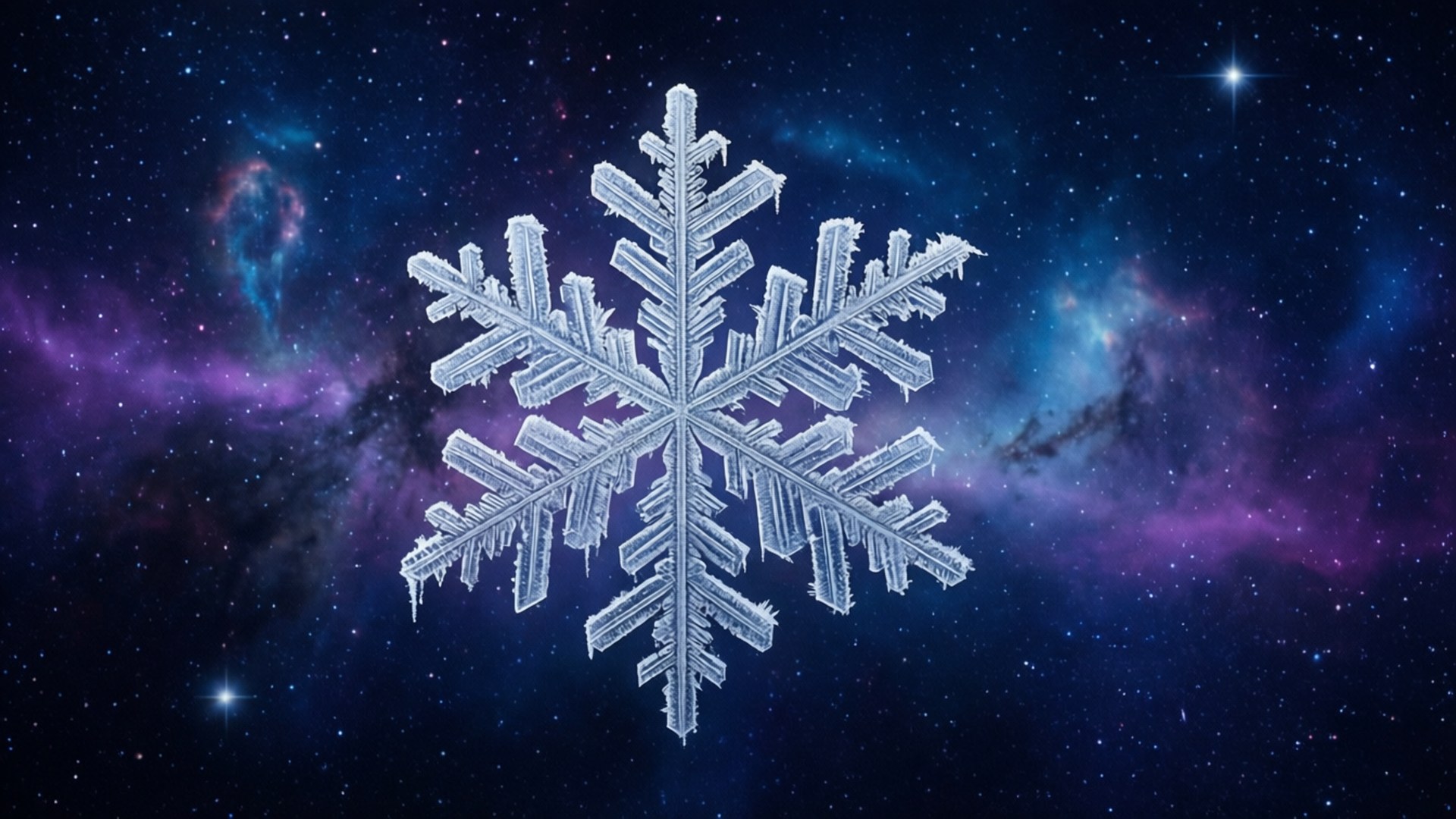 一個精細的雪花懸浮在色彩繽紛的星空星系中。