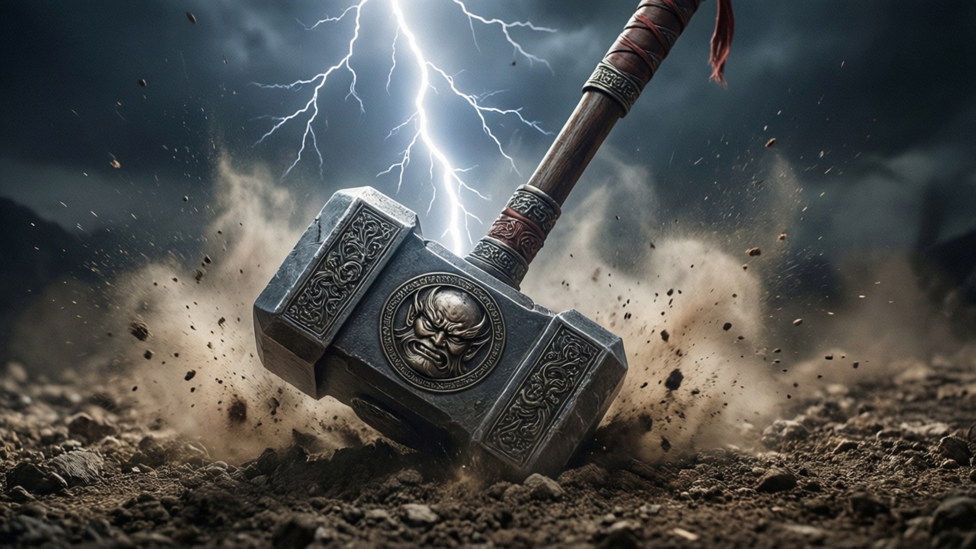 Mortal Kombat Shao Kahn 桌布 壁紙 — 一個巨大的裝飾錘，帶有惡魔面孔標誌，砸向地面，上方閃電擊中。