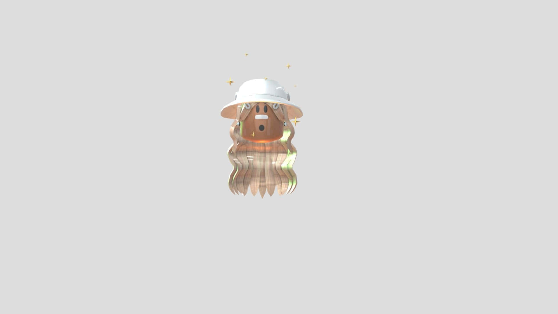 Roblox Gfx 桌布 壁紙 — 一個卡通風格3D渲染的角色，長髮飄逸，戴著白色帽子，漂浮在純灰色背景上。