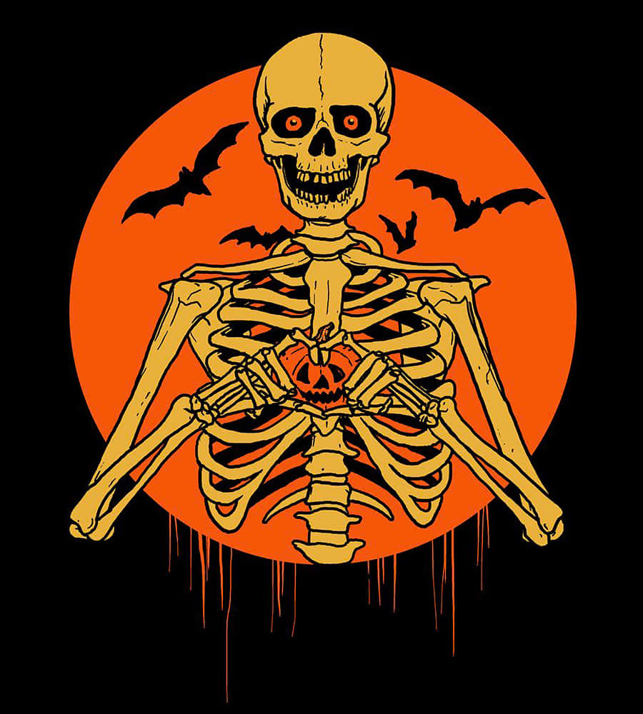  壁紙 — 一個卡通骷髏，眼睛發出紅光，手持南瓜燈心臟，背景是橙色滿月，蝙蝠在周圍飛翔。