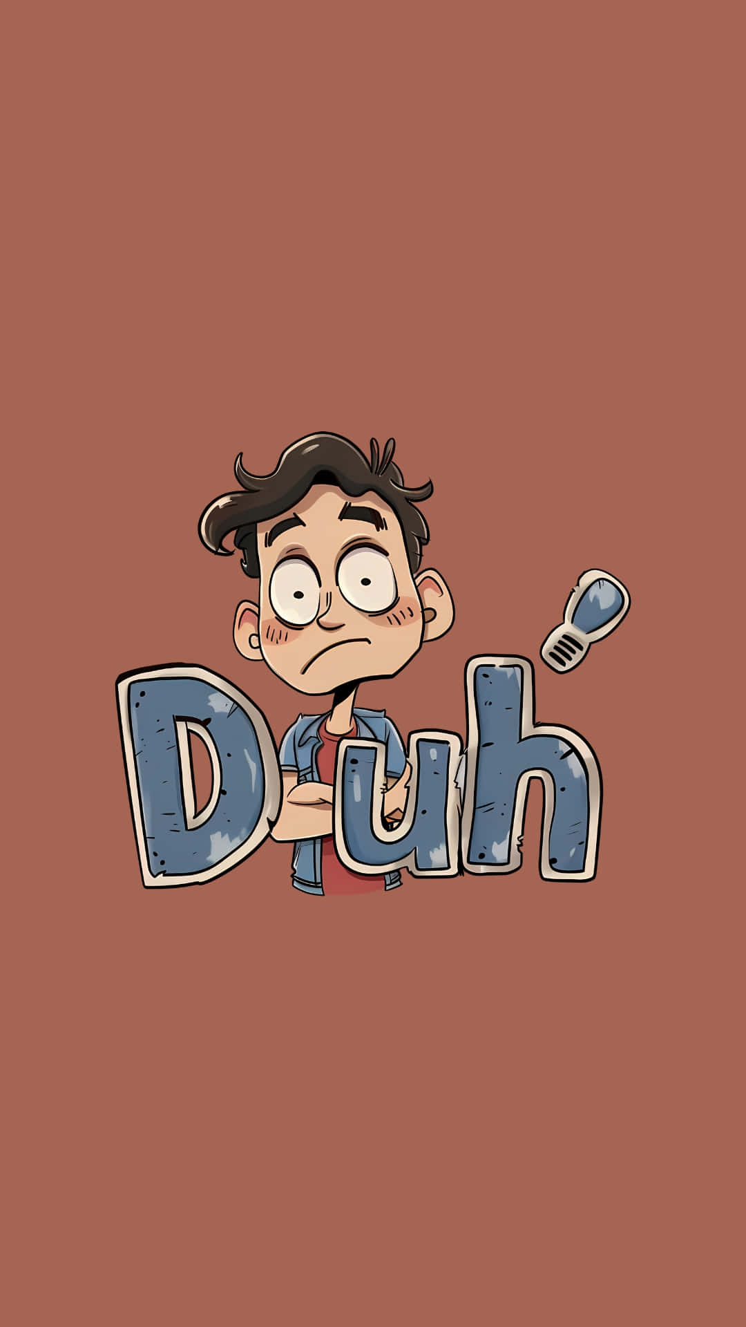  壁紙 — 一個卡通男孩交叉雙臂，表情惱怒，站在「Duh」這個詞後面，頭頂有一個燈泡，背景是純棕色。