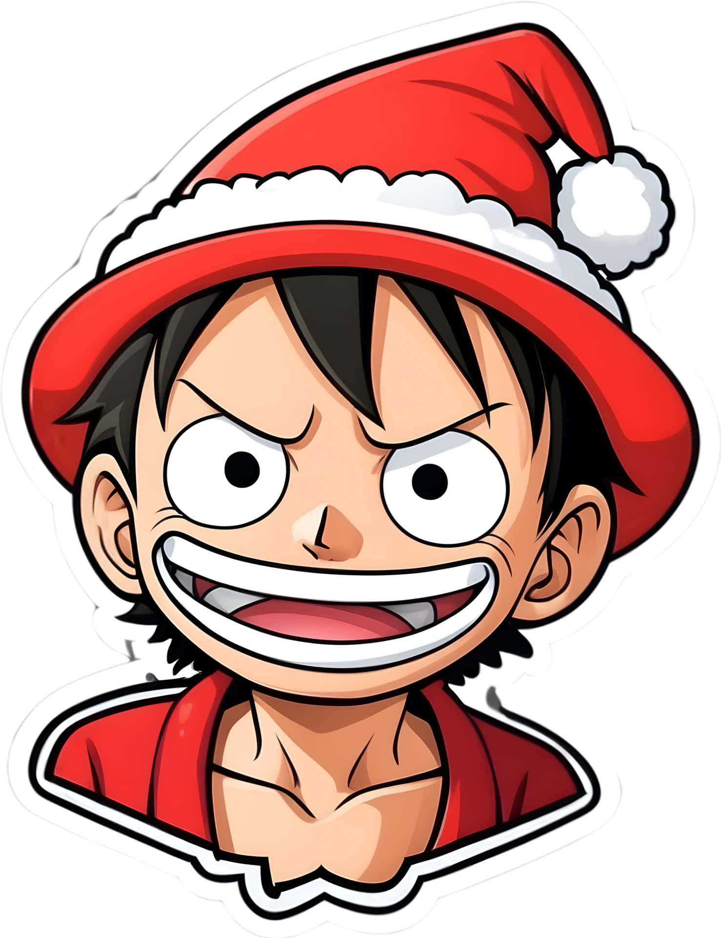 One Piece Christmas 桌布 壁紙 — 一個開心的動畫男孩，黑頭髮，戴紅色聖誕帽，穿紅色襯衫，咧嘴大笑。
