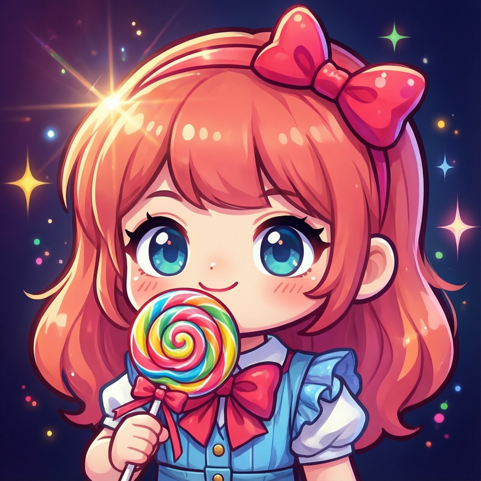 橙色頭髮紅色蝴蝶結的動漫女孩在星空下拿著彩虹棒棒糖