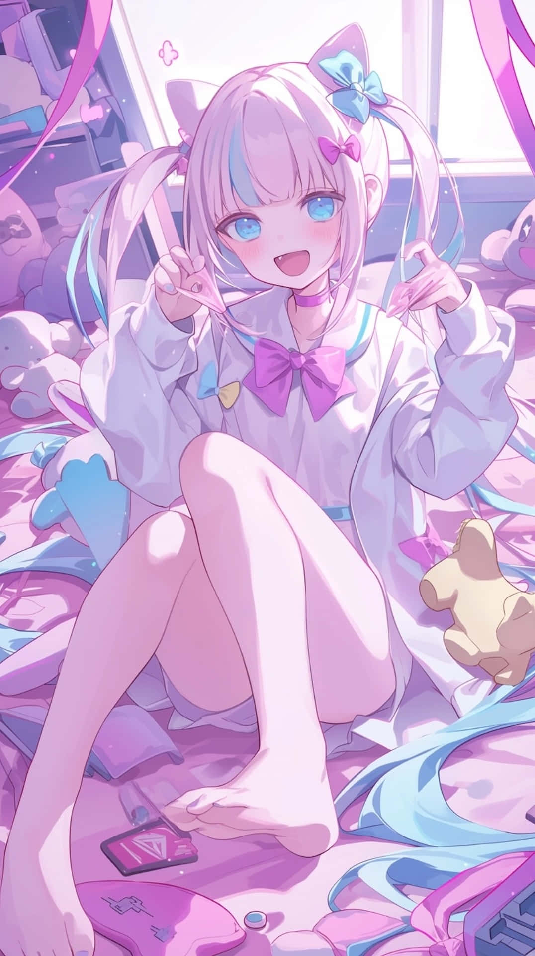 Needy Streamer Overload 桌布 壁紙 — 一個開心的動漫女孩，粉紅色頭髮和貓耳朵，坐在床上，周圍是毛絨玩具和發光的粉紅色絲帶。