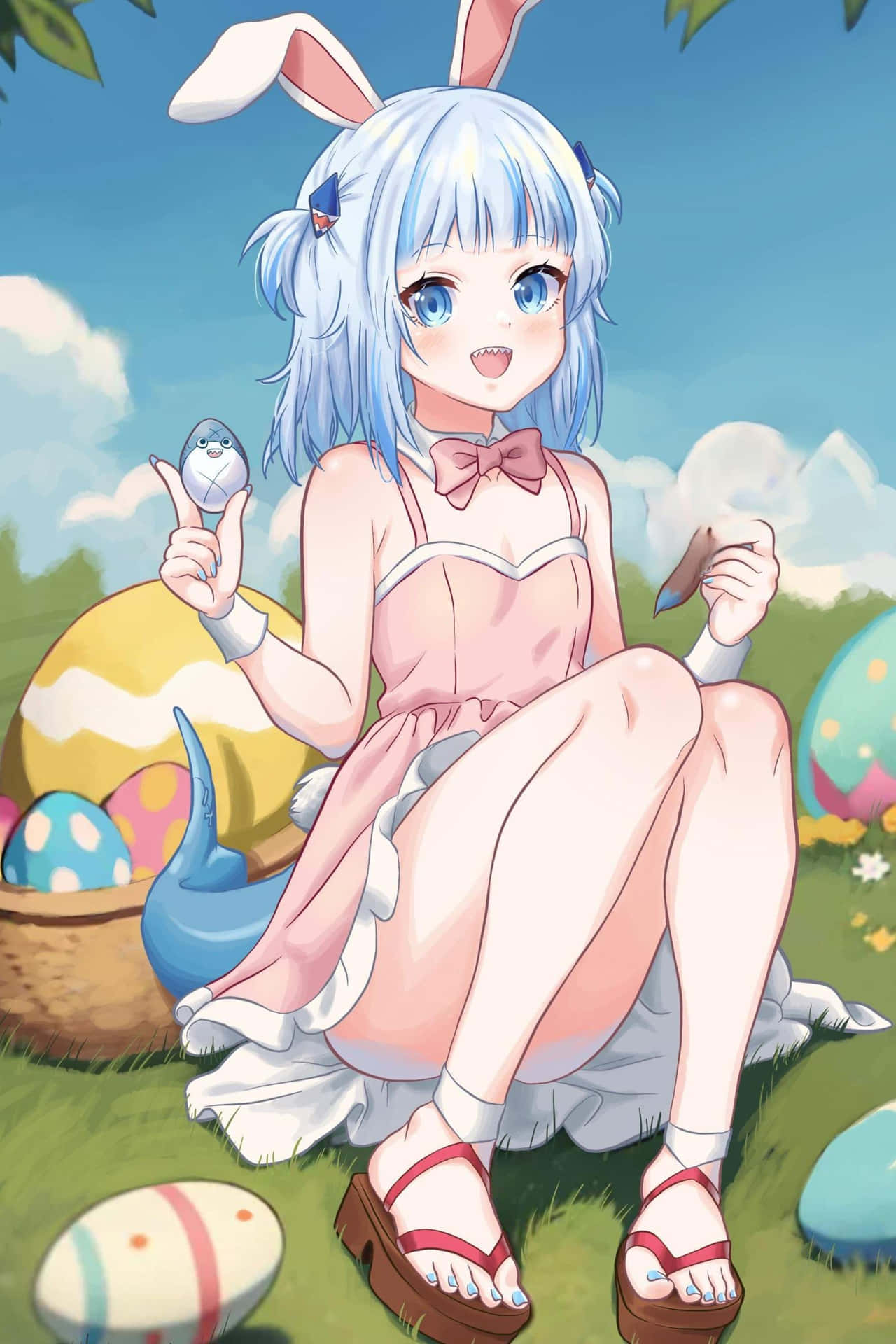  壁紙 — 一個開心的動漫女孩，藍色頭髮和兔耳朵，坐在草地上，拿著一個小蛋，周圍是巨大的彩色復活蛋。