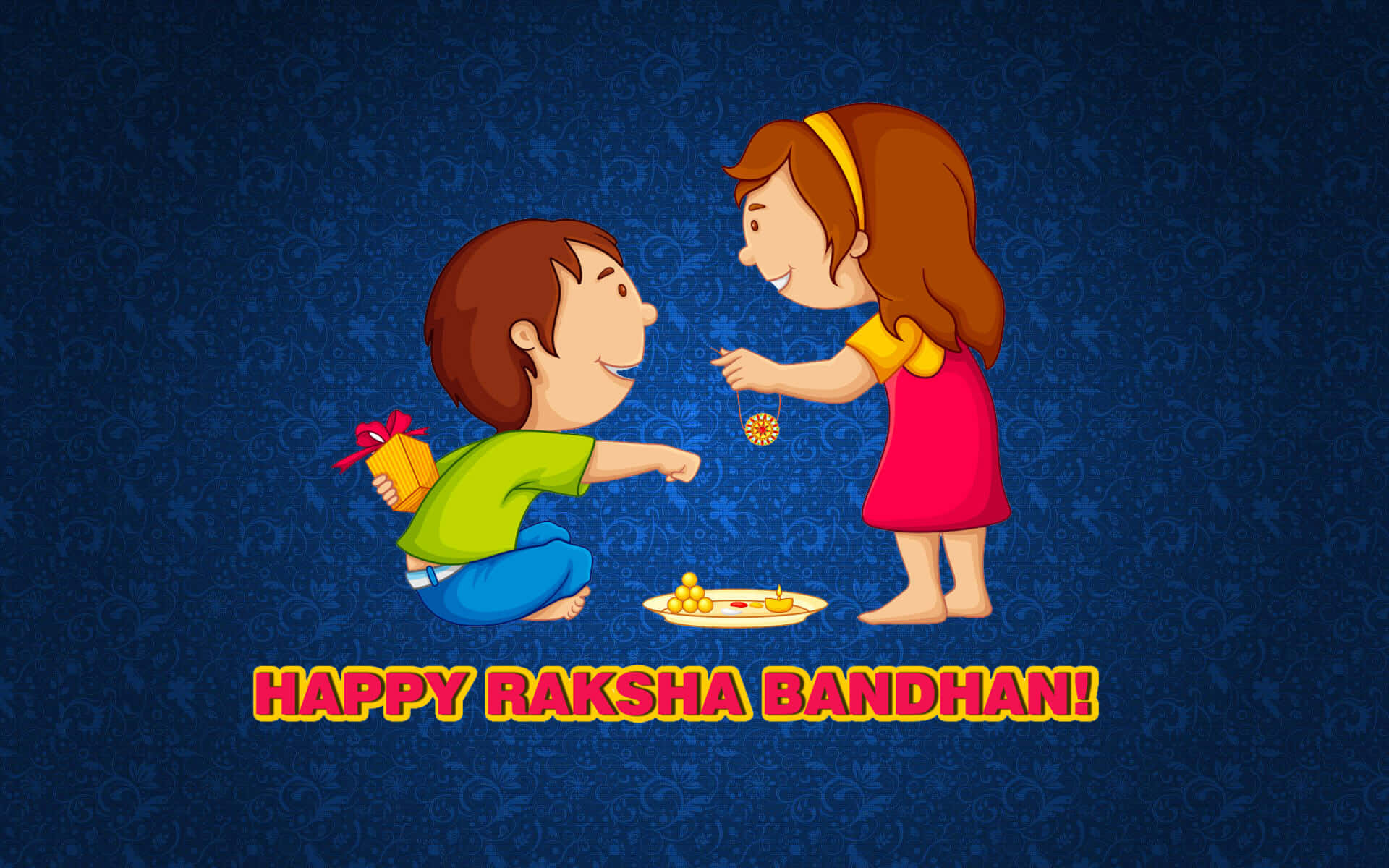  壁紙 — 一個開心的卡通男孩和女孩在藍色圖案背景上慶祝Raksha Bandhan，交換糖果和禮物。