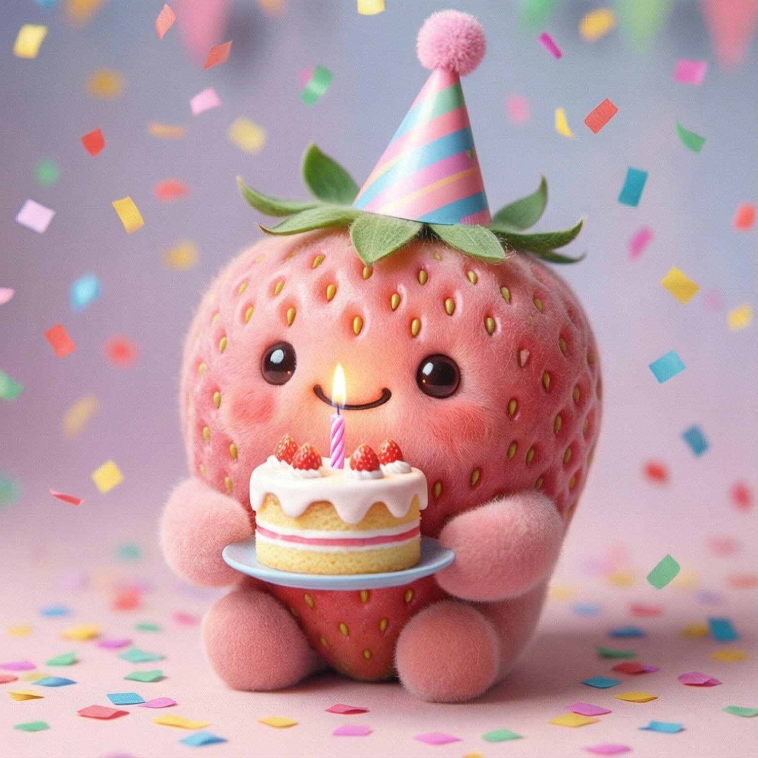 生日快樂士多啤梨 壁紙 — 一個可愛的粉紅色草莓角色戴著派對帽，手持插有燃燒蠟燭的生日蛋糕，周圍有彩色紙屑飄落。
