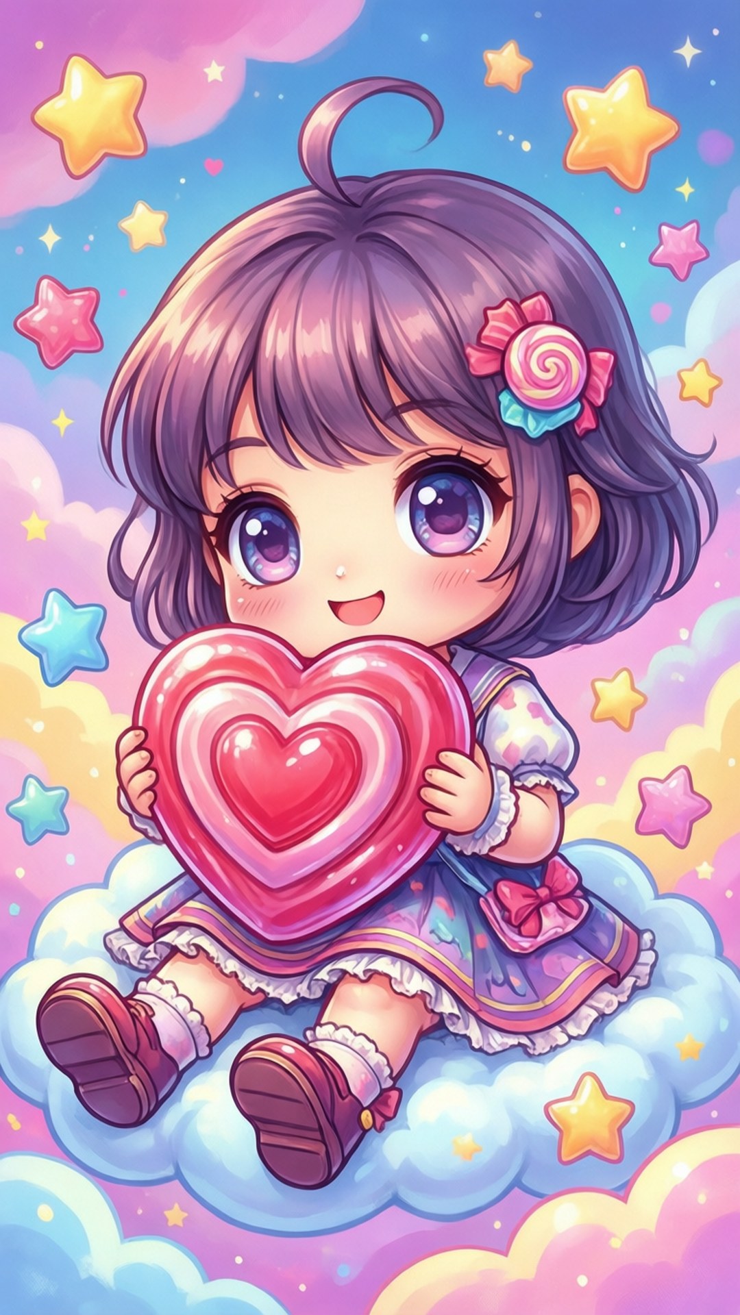 Corazon 桌布 壁紙 — 一個可愛的紫髮動漫女孩坐在雲上，拿著一個被彩色星星包圍的巨大粉紅色心形。