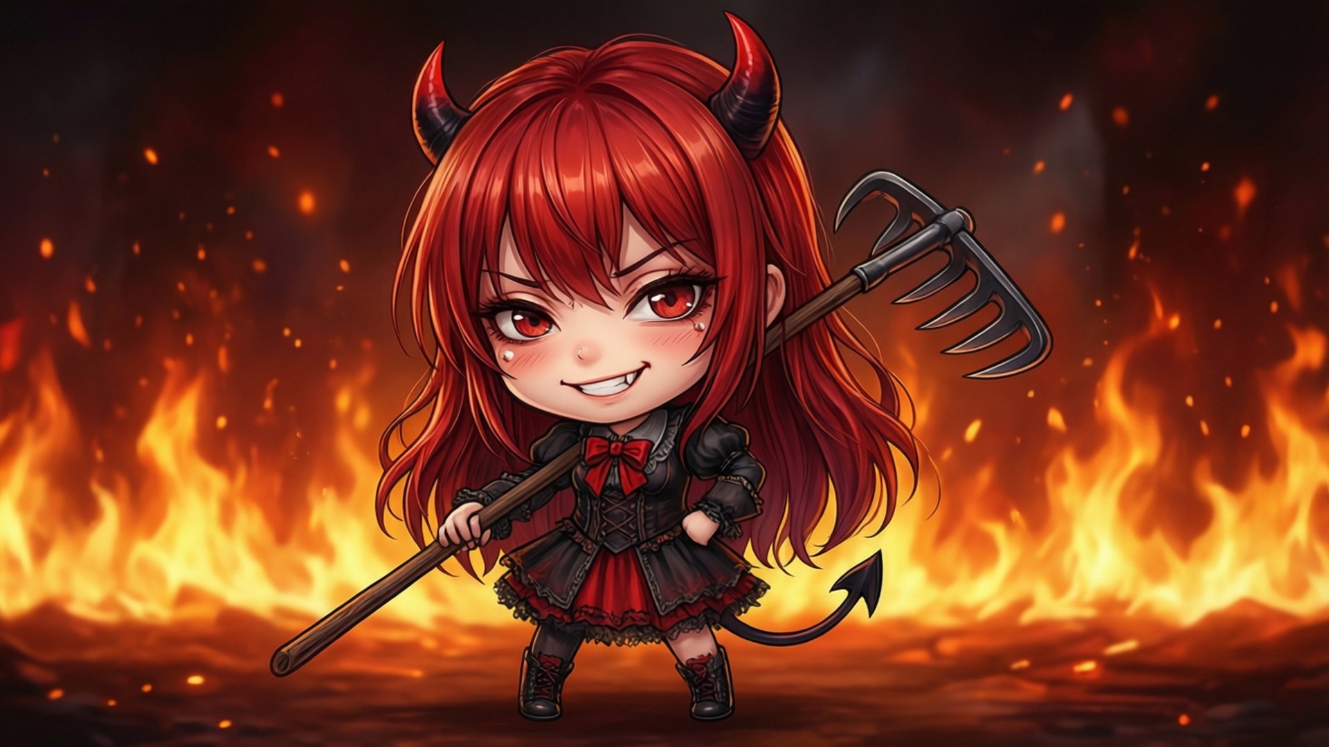 Chibi Anime 桌布 壁紙 — 一個可愛的赤紅頭髮和角的Q版惡魔女孩，在火熱的背景中揮舞著草叉。