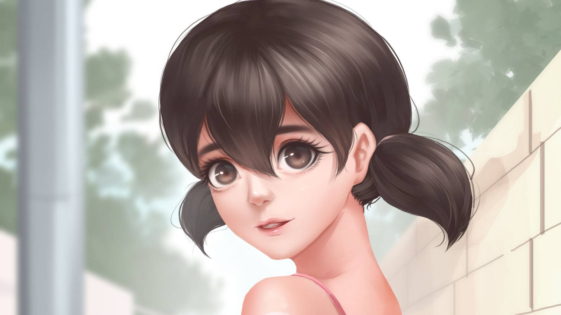 棕色雙馬尾的動漫女孩在城市環境中回頭看