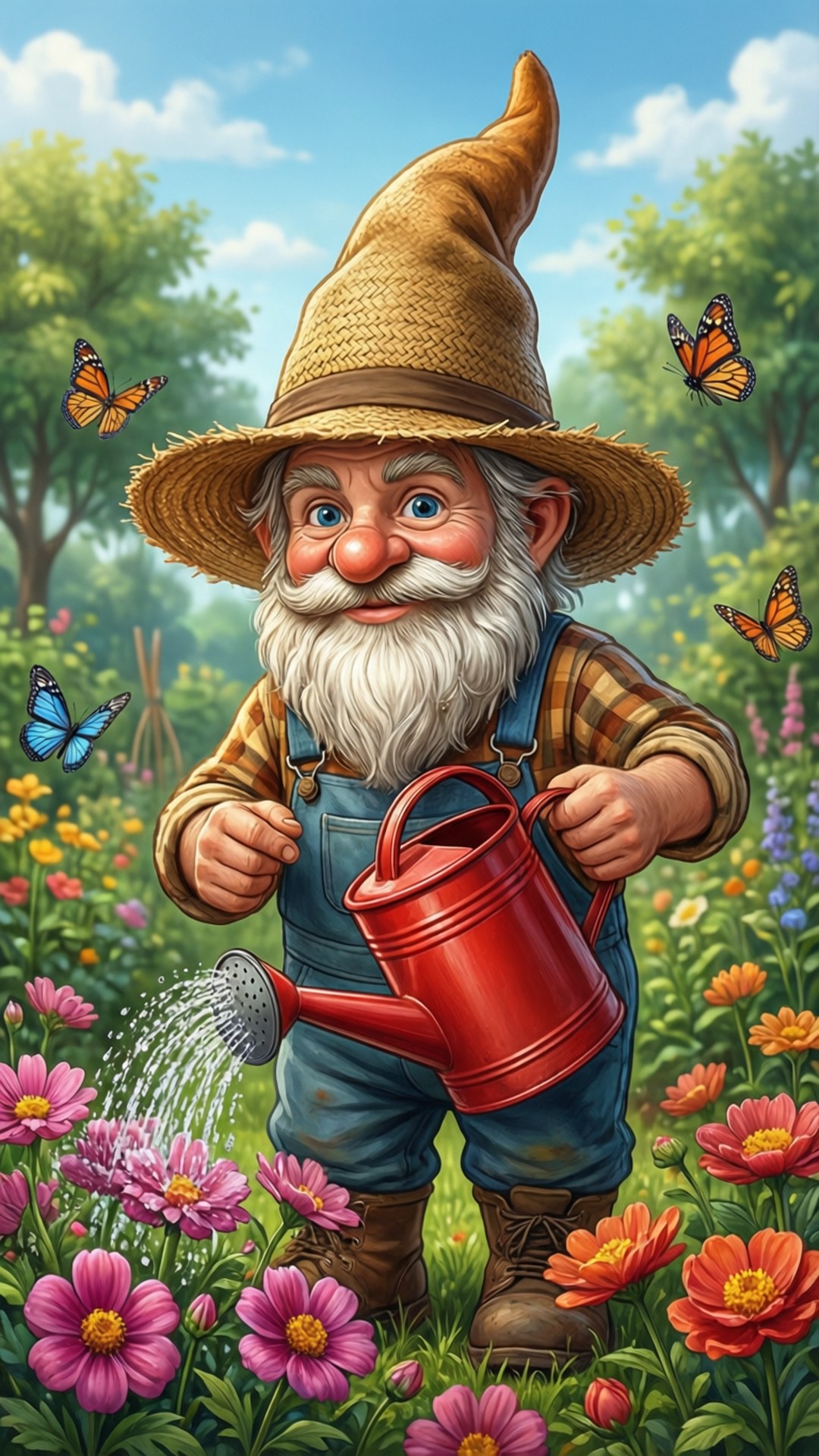 園丁地精 壁紙 — 一個快樂的白鬍子地精在陽光明媚的藍天下，在充滿活力的花園裡給五顏六色的花澆水。