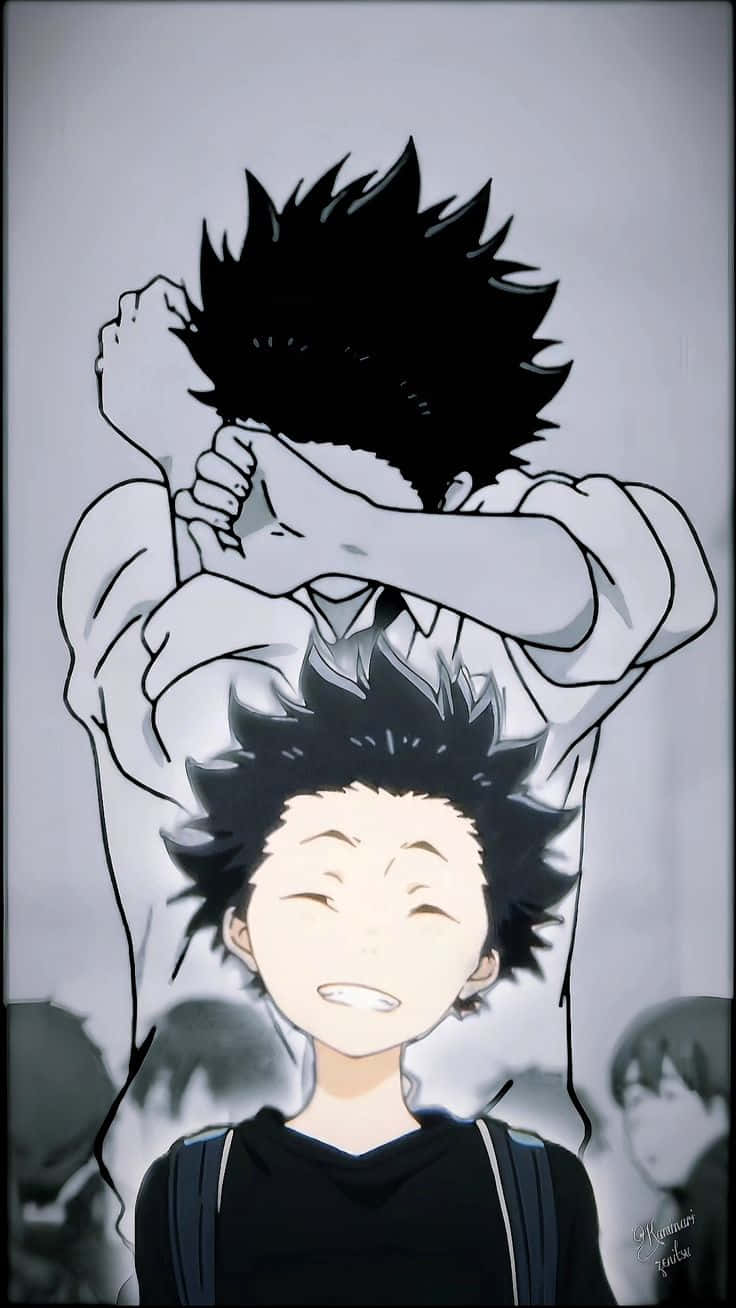  壁紙 — 一個快樂的動漫男孩，有著尖刺頭髮，被一個陰影人物從後面頑皮地擁抱時，燦爛地微笑。