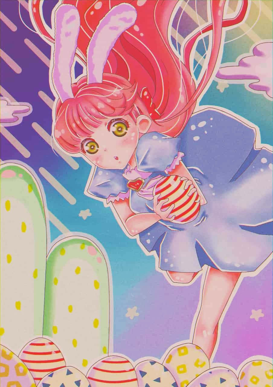  壁紙 — 一個快樂的動漫女孩，粉紅色頭髮和兔耳朵，在色彩繽紛的圖案蛋和粉彩雲中拿著一個條紋蛋。