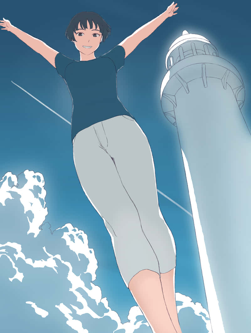 壁紙 — 一個快樂的動漫女孩張開雙臂漂浮在燈塔旁邊，背景是藍天白雲。