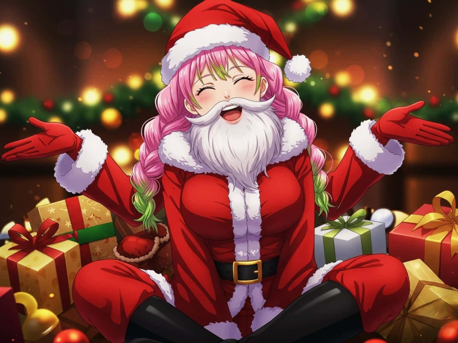  壁紙 — 一個快樂的動漫聖誕老人，粉紅色頭髮和白色鬍鬚，坐在節日燈光下，周圍環繞著色彩繽紛的禮物盒。