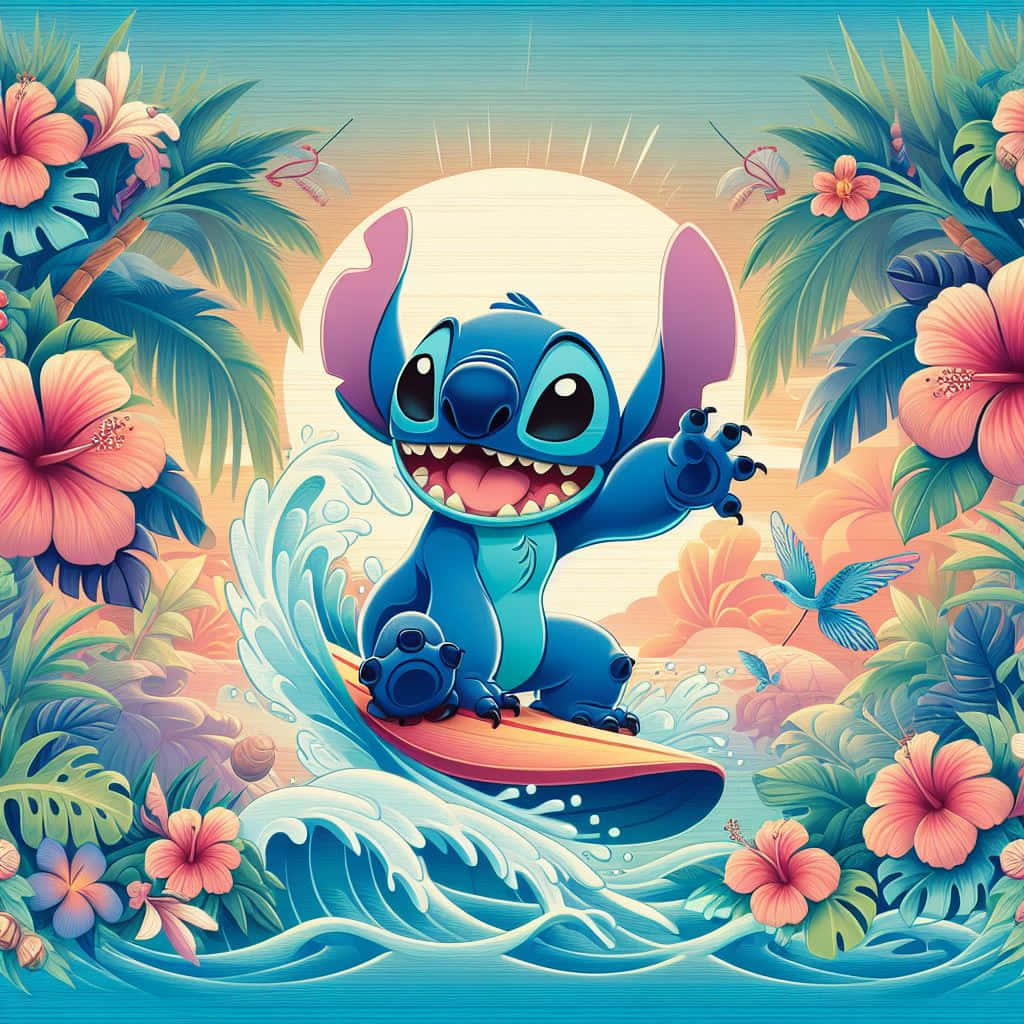 Stitch Love 桌布 壁紙 — 一個快樂的藍色外星人在燦爛的陽光下，在粉紅色芙蓉花和棕櫚樹環繞的熱帶海浪上衝浪。