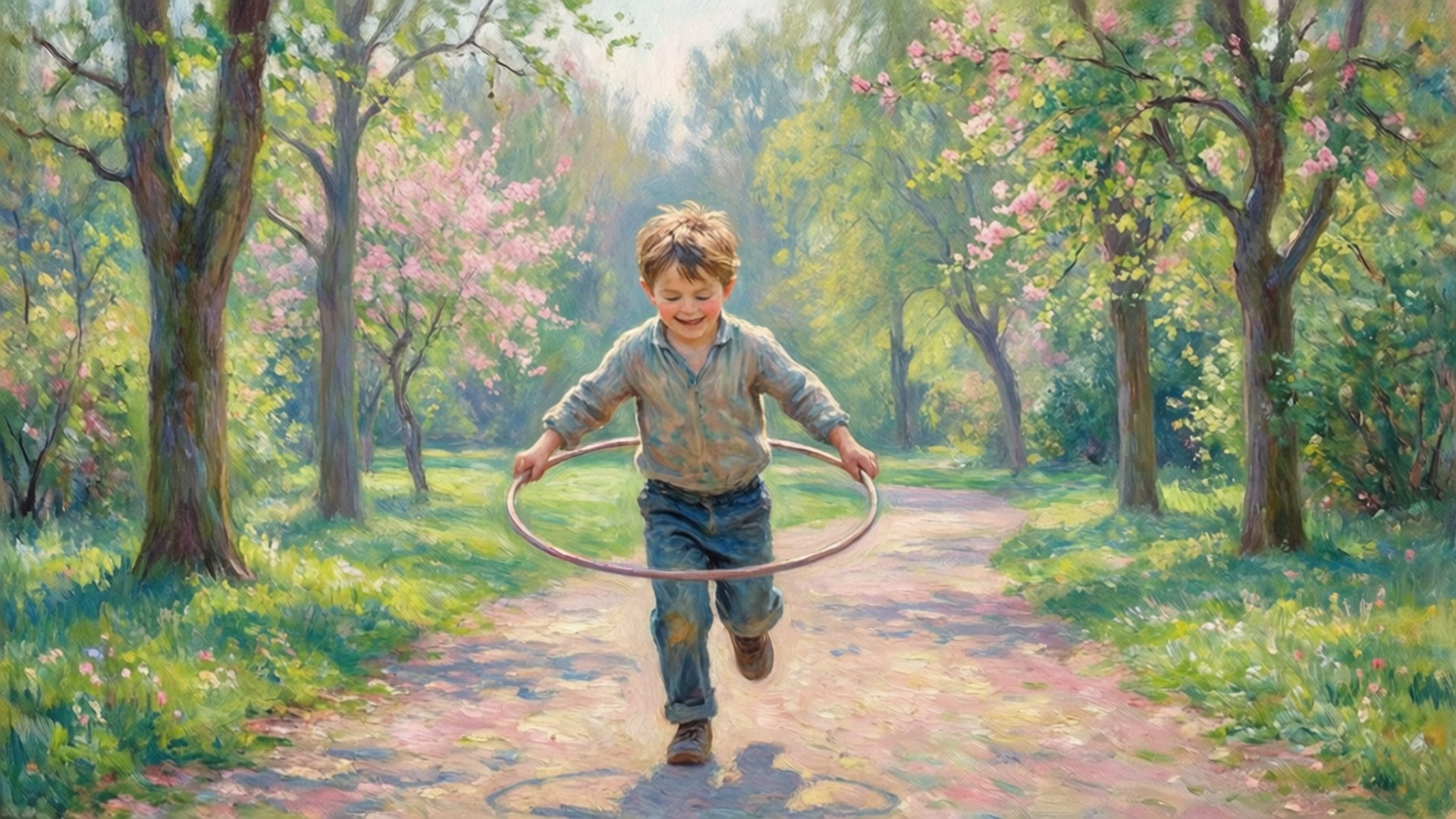 Renoir 桌布 壁紙 — 一個快樂的男孩在陽光明媚的森林小徑上奔跑，手持呼拉圈，周圍是盛開的粉紅色櫻花樹。