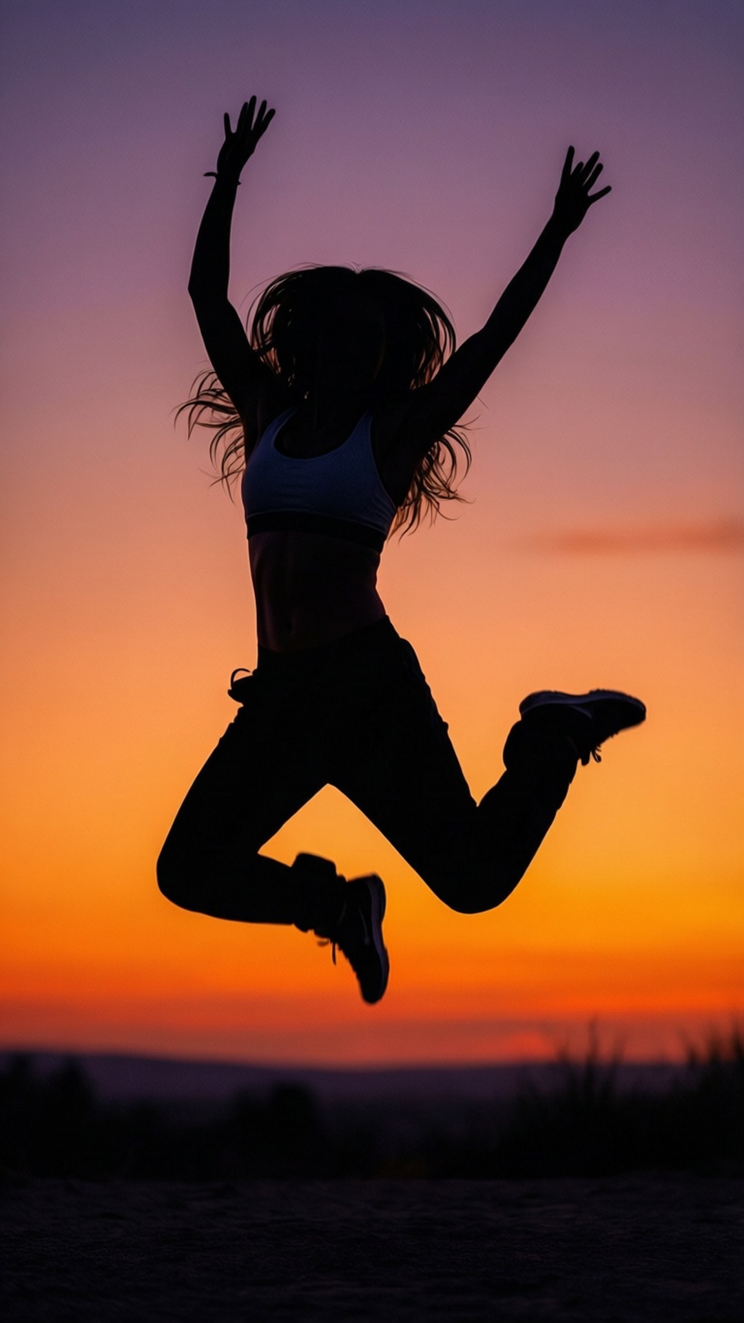 zumba 桌布 壁紙 — 一個快樂的女性剪影，在充滿活力的橙色和紫色日落天空中跳躍。