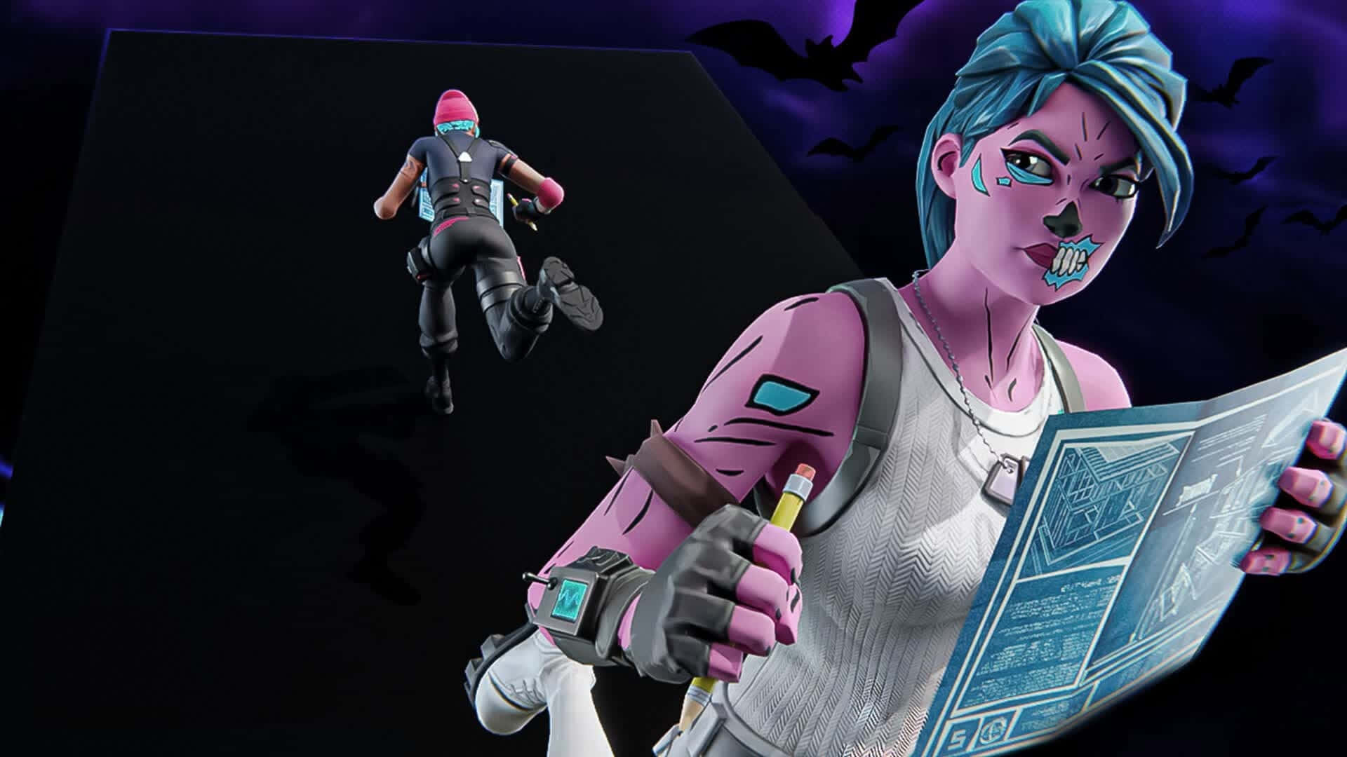  壁紙 — 一個藍髮骷髏妝的Fortnite角色拿著藍圖，而另一個角色在黑暗紫色鬧鬼的天空中跳躍。