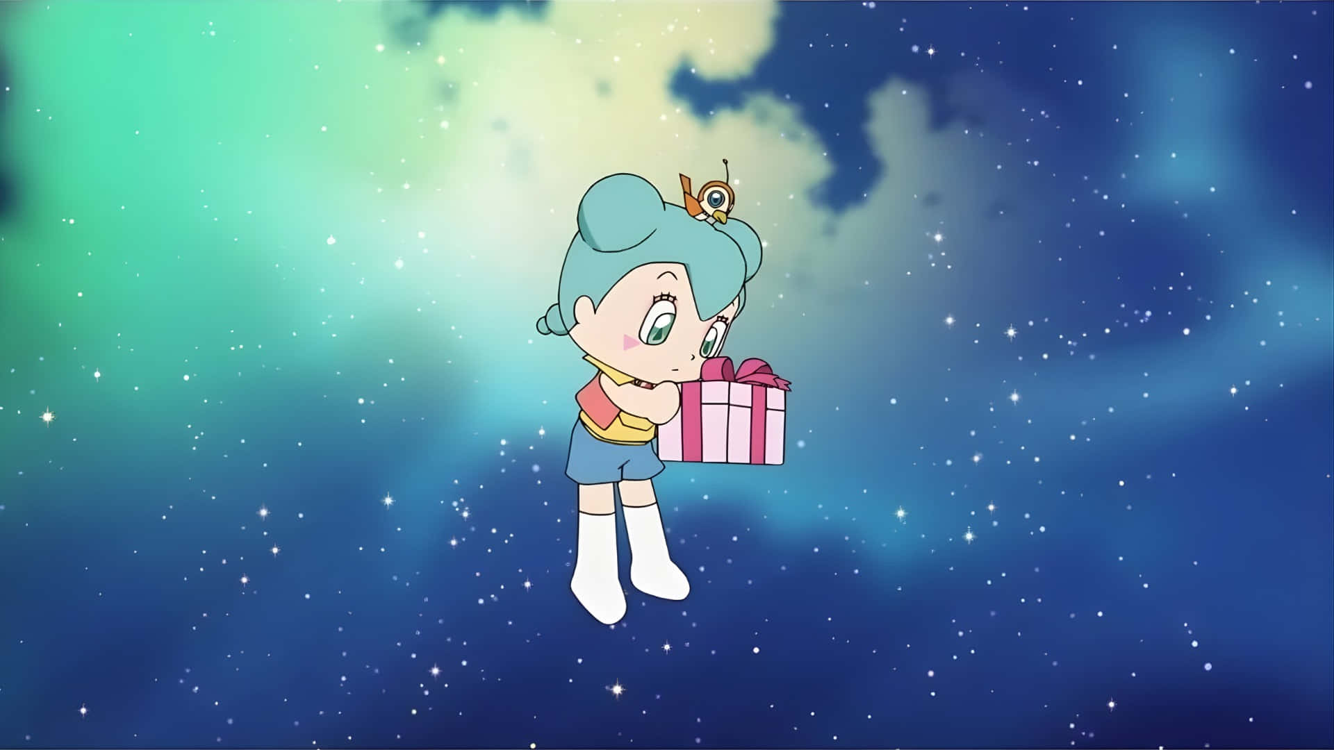  壁紙 — 一個藍色頭髮的開朗動漫女孩在星空飄浮，手持粉紅色條紋禮物盒。