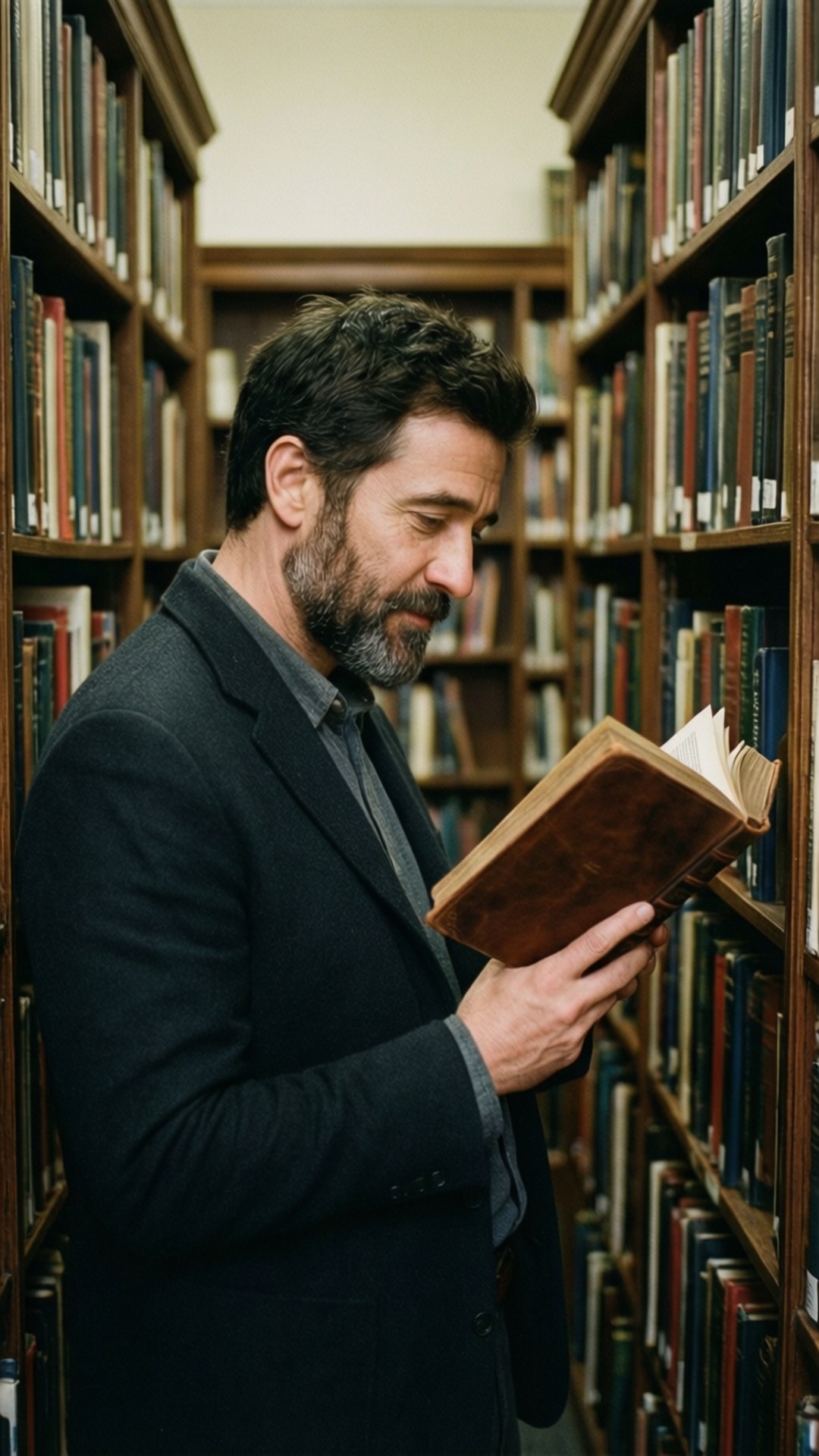 Library Scholar 壁紙 — 一個留鬍鬚的男人穿著深色外套，在高聳的木製圖書館書架之間閱讀一本舊皮面書。