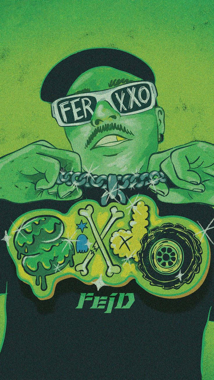 Feid 桌布 壁紙 — 一個綠色卡通角色戴著太陽眼鏡和鏈條，在帶有骨頭和輪胎的標誌上擺姿勢。