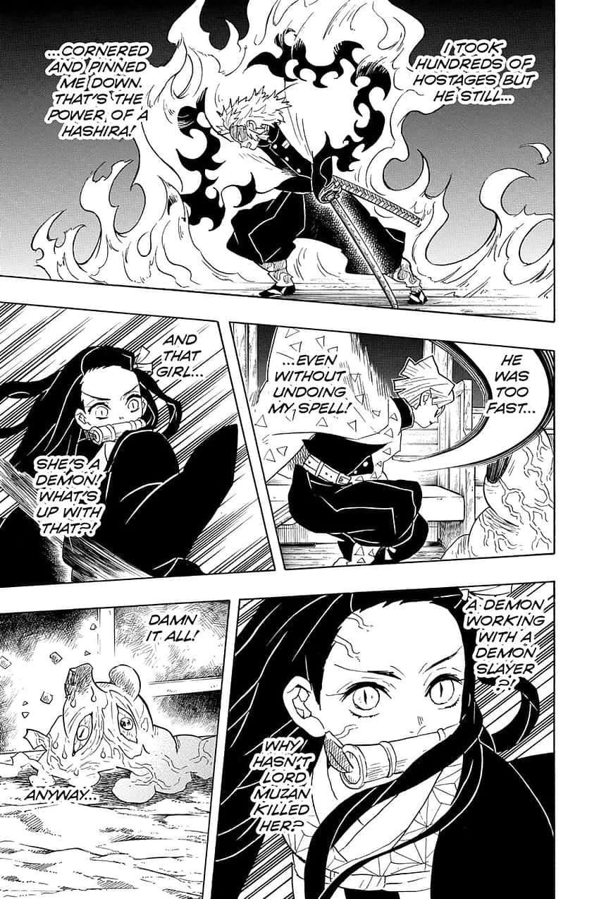  壁紙 — 一個漫畫格展示了激烈的惡魔獵人戰鬥，帶有戲劇性的對話氣泡和強烈的角色表情。