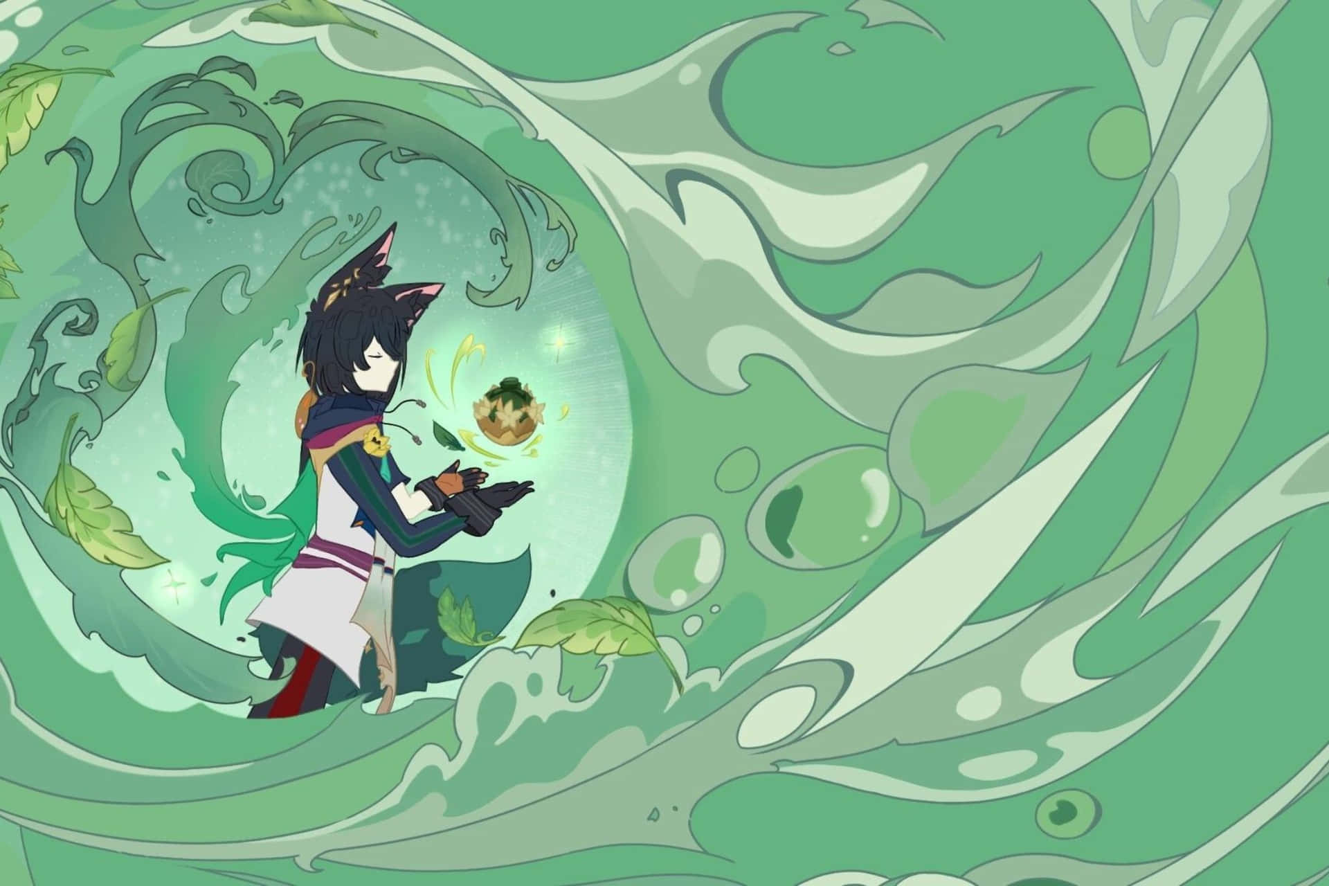  壁紙 — 一個貓耳動漫角色在充滿活力的魔法漩渦中操控旋轉的綠色能量和樹葉。