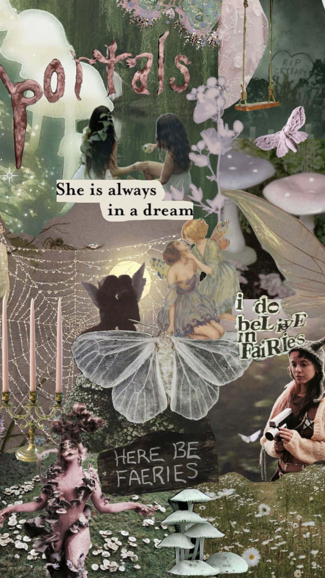  壁紙 — 一個夢幻般的拼貼畫，融合了仙女、蘑菇和神秘傳送門，將奇幻元素與柔和粉彩結合。