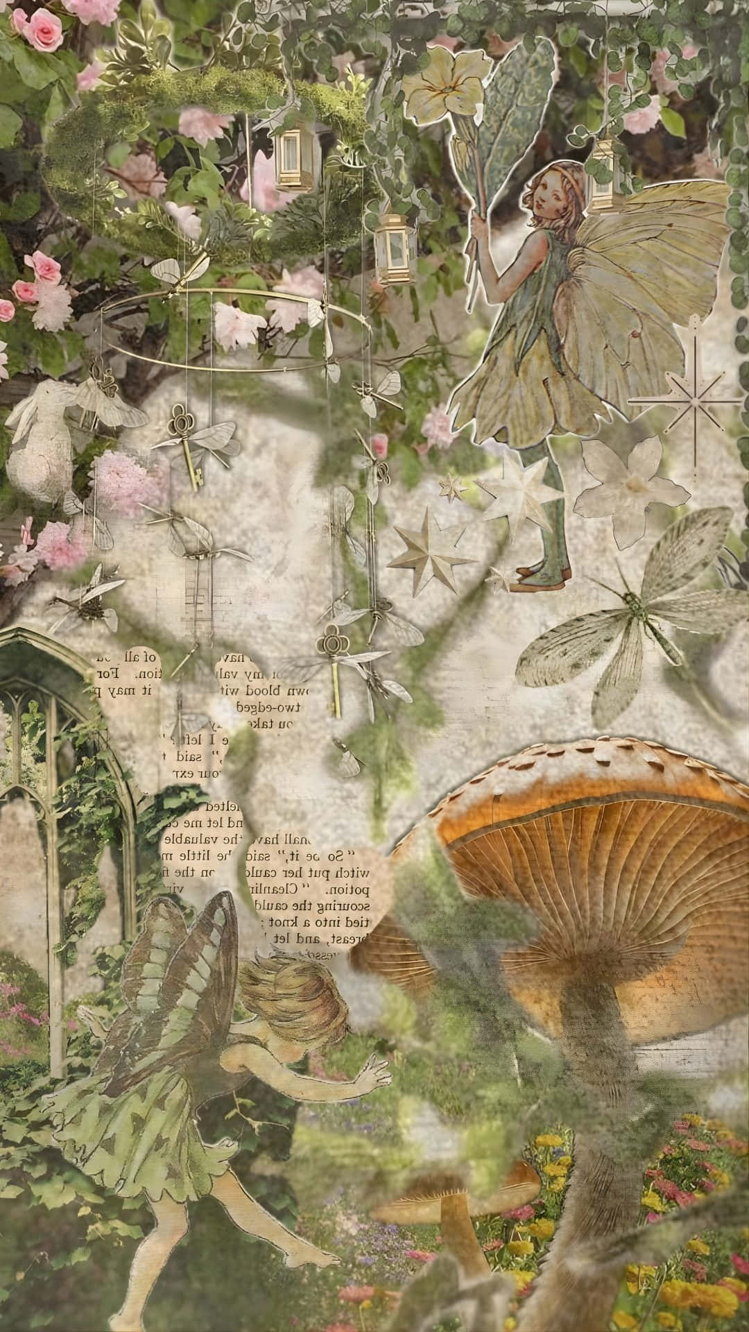  壁紙 — 一個夢幻魔法花園中，仙女們在花朵、蘑菇和復古文字間的奇思妙想拼貼畫。