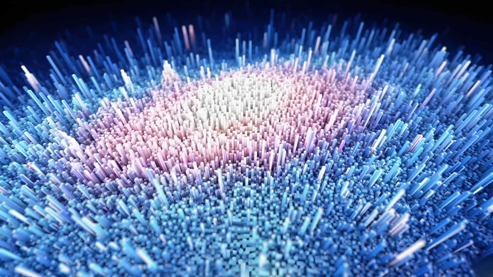  壁紙 — 一個迷人的3D渲染抽象場域，發光的藍色和粉紅色尖刺從柔和的白色中心輻射而出。