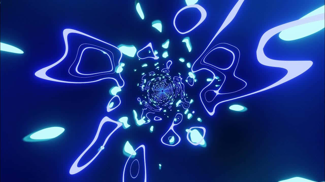  壁紙 — 一個迷人的數碼隧道，在深藍色虛空中，發光的霓虹藍和青色抽象形狀向內螺旋。