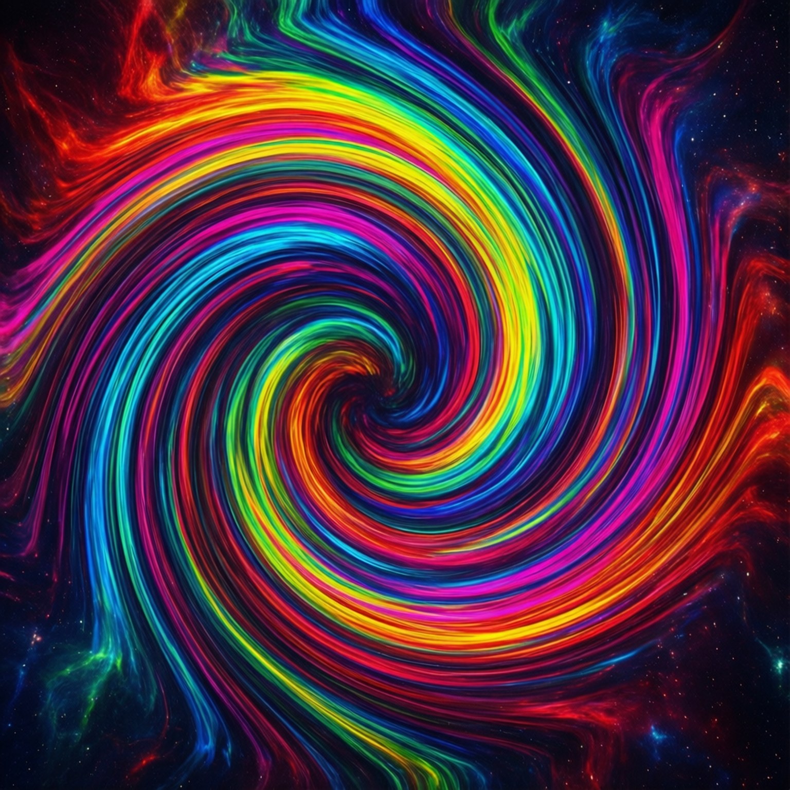 桌布 壁紙 — 一個迷人的宇宙螺旋，色彩繽紛的彩虹在繁星點點的黑暗太空背景下旋轉。