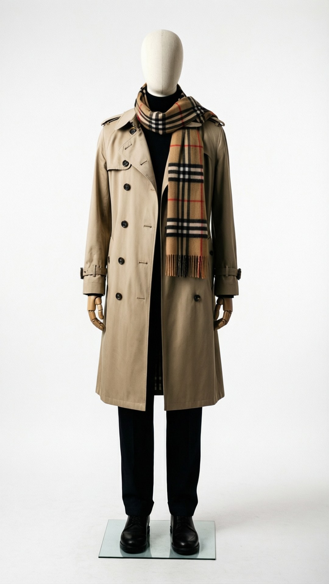 Burberry 桌布 壁紙 — 一個模特兒人偶穿著經典米色風衣，搭配格紋圍巾，背景為純白色。