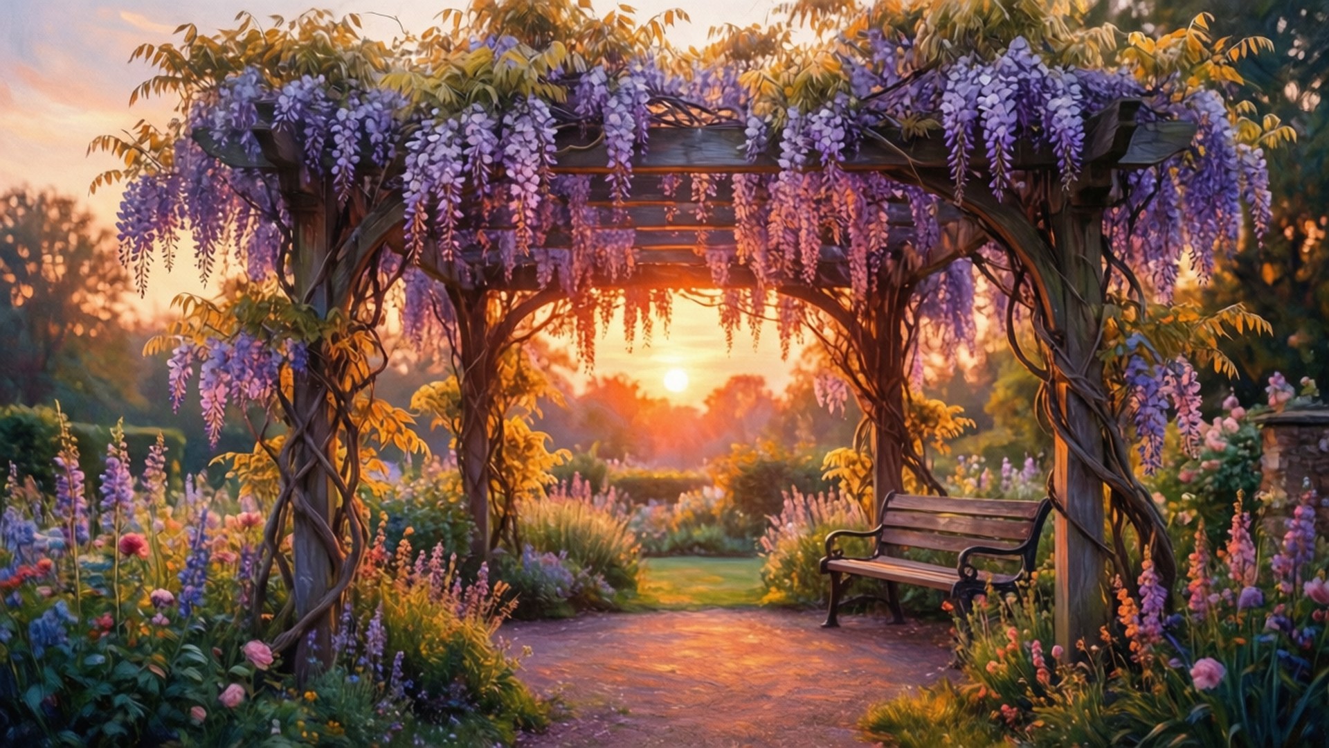 Wisteria 桌布 壁紙 — 一個木製藤架，垂掛著層疊的紫色紫藤，框住了日落時分陽光灑落的花園小徑，小徑上有一張長凳。