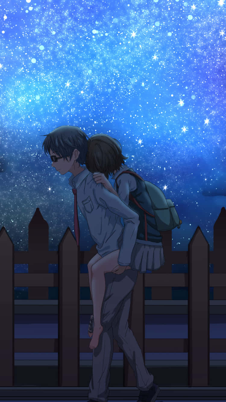  壁紙 — 一個男孩背著一個女孩，在閃爍的星空下，木柵欄之上。