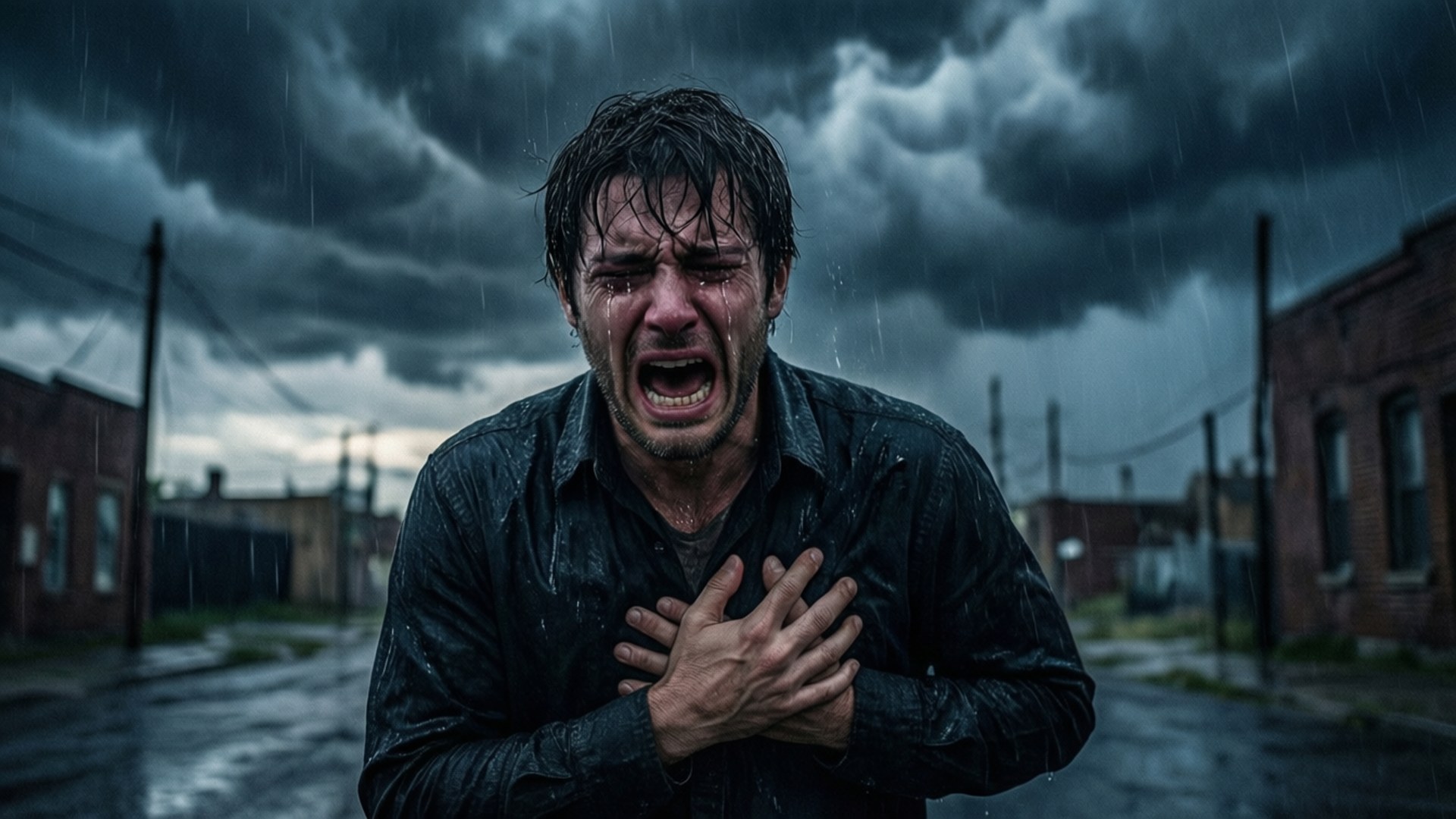 Anguish 桌布 壁紙 — 一個男人在風雨交加的城市小巷中，抓著胸口痛苦地尖叫。