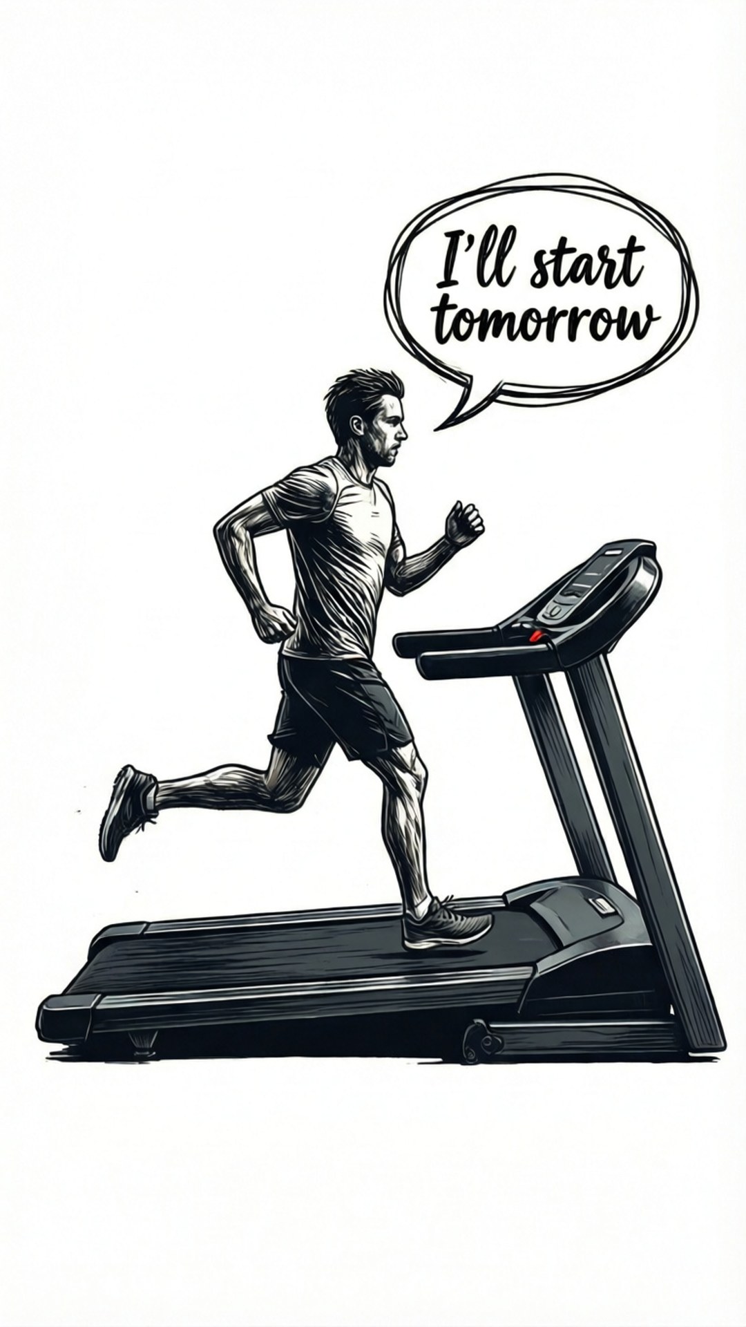 Running in Place 壁紙 — 一個男人在跑步機上跑步，對話框寫著「我明天開始」，以黑白草圖風格插圖呈現。