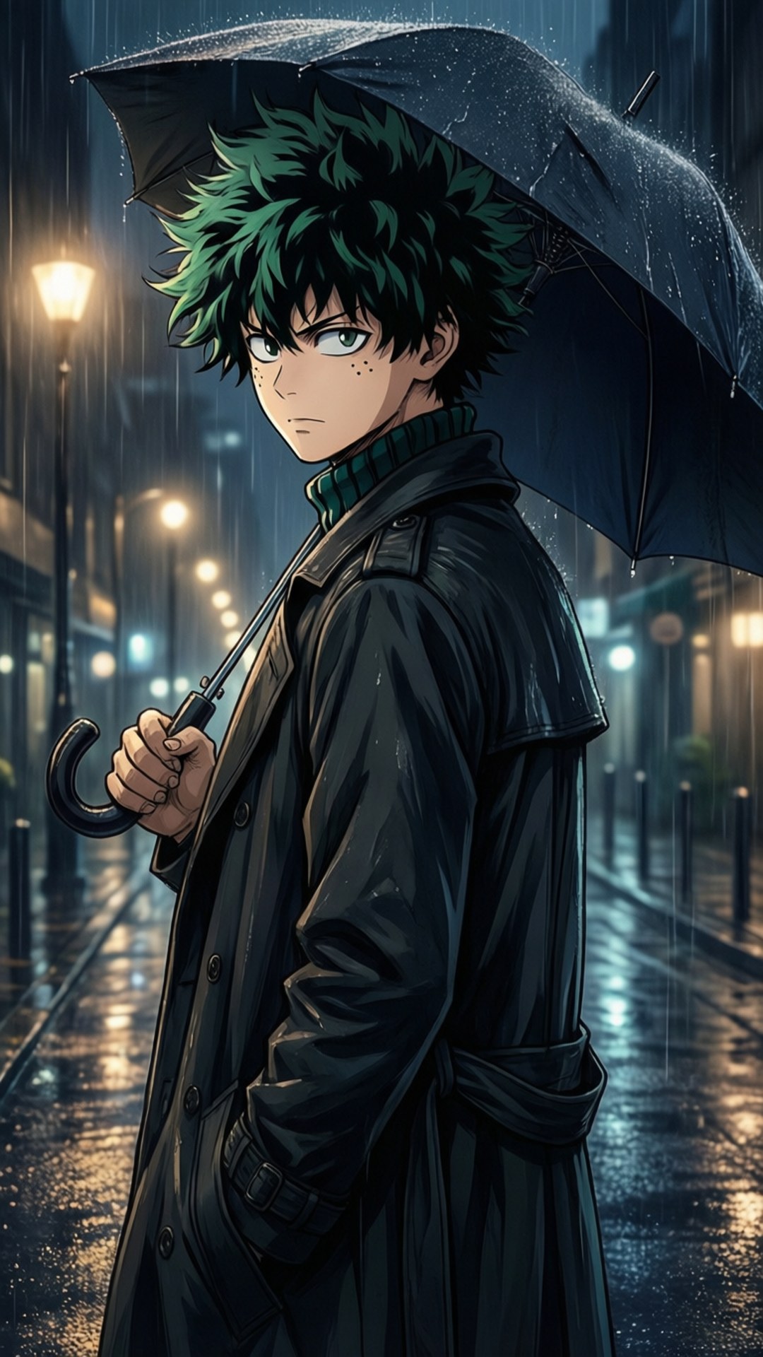 年輕的動漫男孩，綠色頭髮，在雨夜的城市裡拿著雨傘。