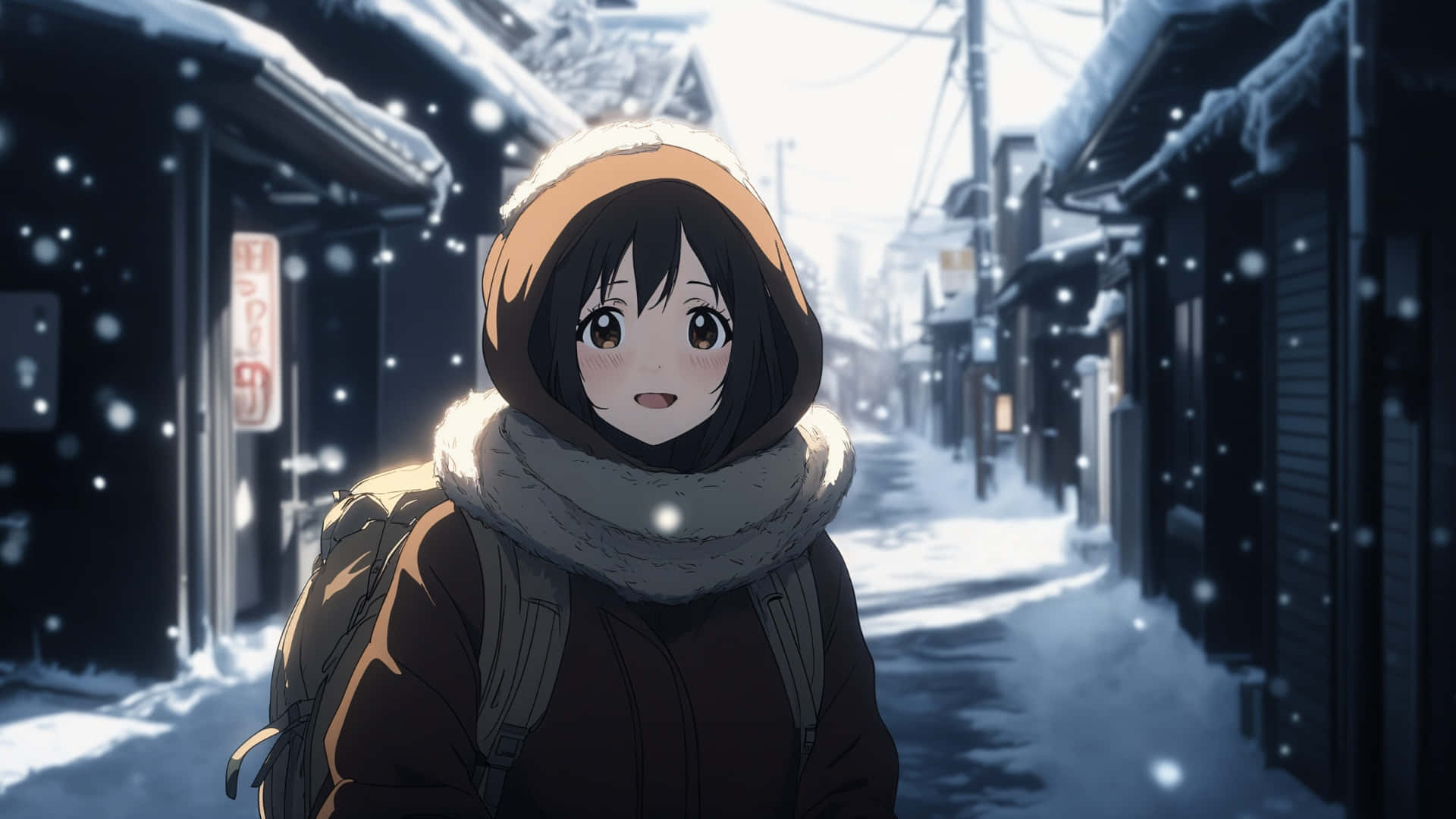  壁紙 — 一個年輕的動漫女孩穿著冬季外套和圍巾，站在積雪的日本街道上，溫柔的雪花在她周圍飄落。
