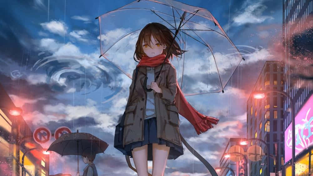  壁紙 — 一個年輕的動漫女孩戴著紅色圍巾，在霓虹燈閃爍的雨夜城市景觀中，在旋轉的暮色天空下撐著透明雨傘。