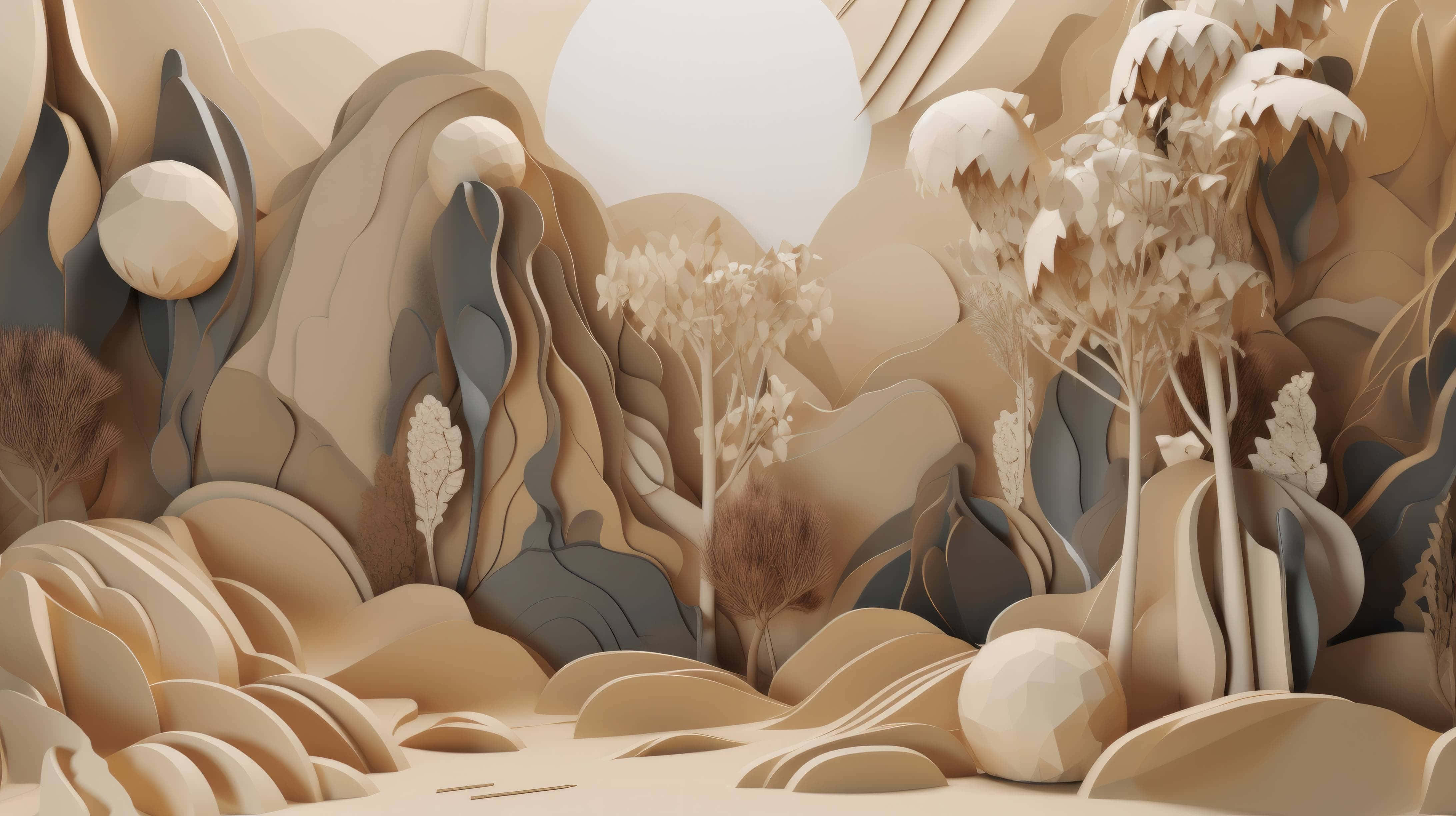 Abstract Landscape 桌布 壁紙 — 一個寧靜的3D渲染景觀，由米色和灰色的紙質山丘和樹木層疊而成，下方有一個柔和發光的球體。