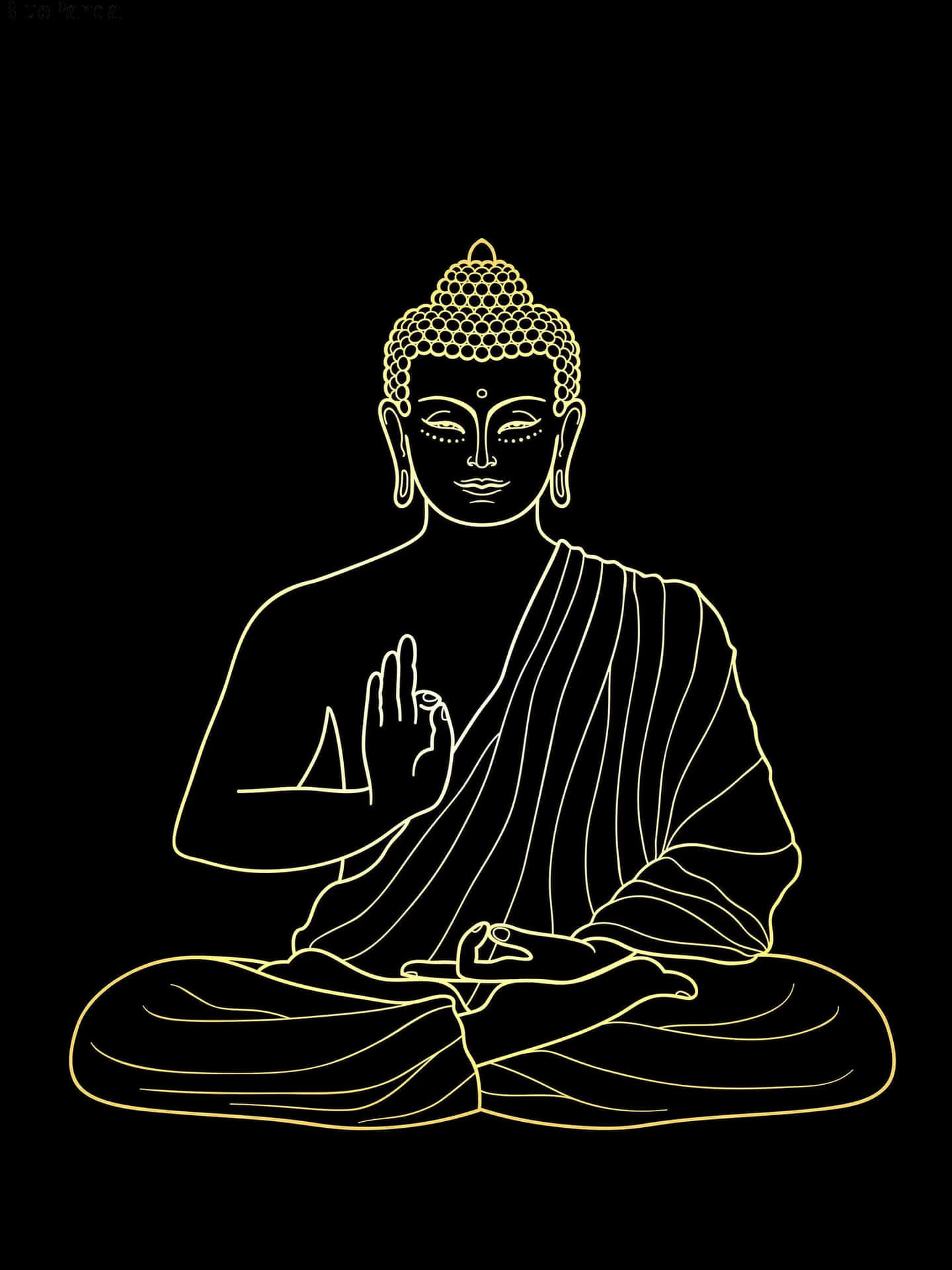  壁紙 — 一個寧靜的佛陀形象以金色線條藝術呈現，在純黑背景下以蓮花坐姿冥想。